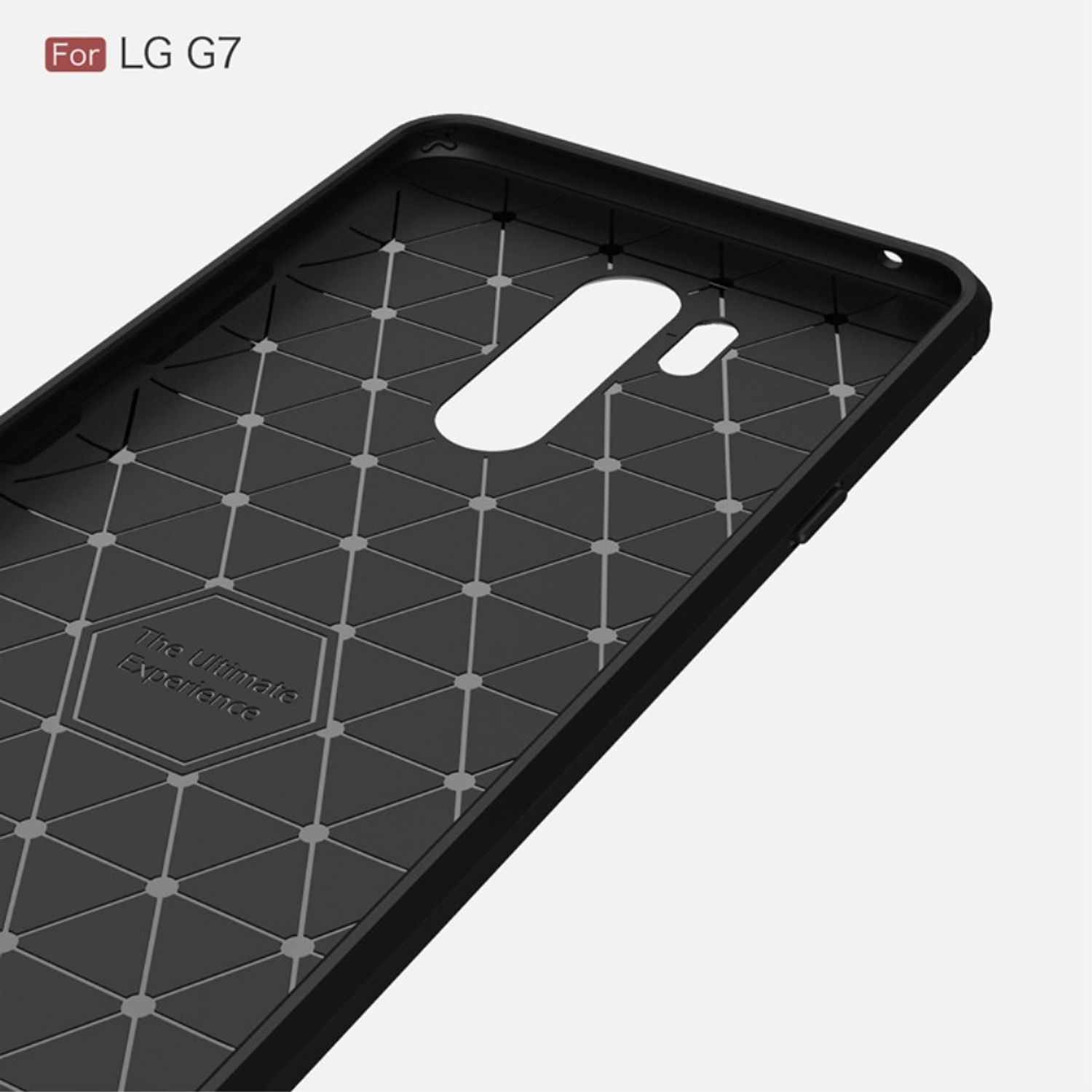 Schwarze Handyhülle mit geometrischem Muster. Der Hintergrund ist hellgrau.