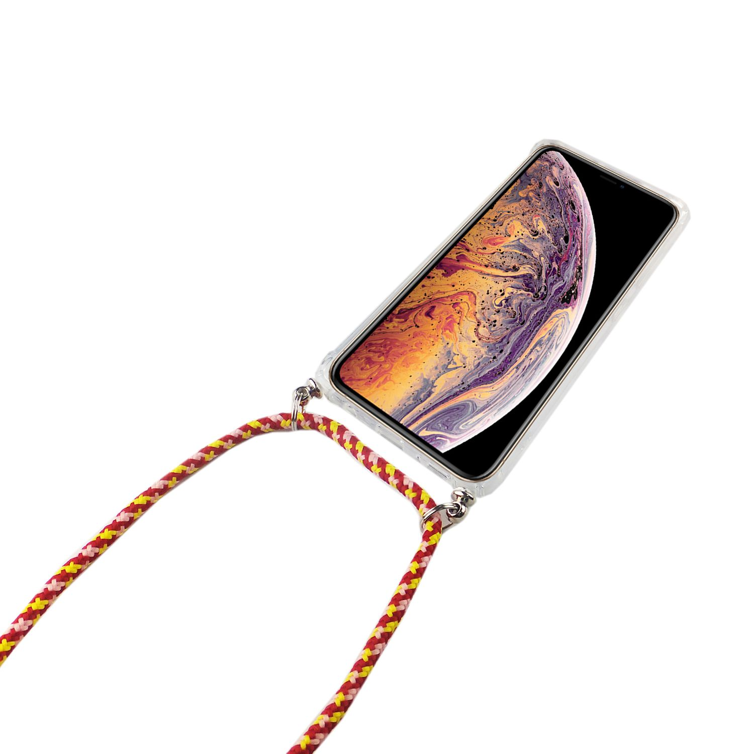 Telefon mit Riemen. Telefon ist weiß, Riemen ist rot und gelb. Weißer Hintergrund.