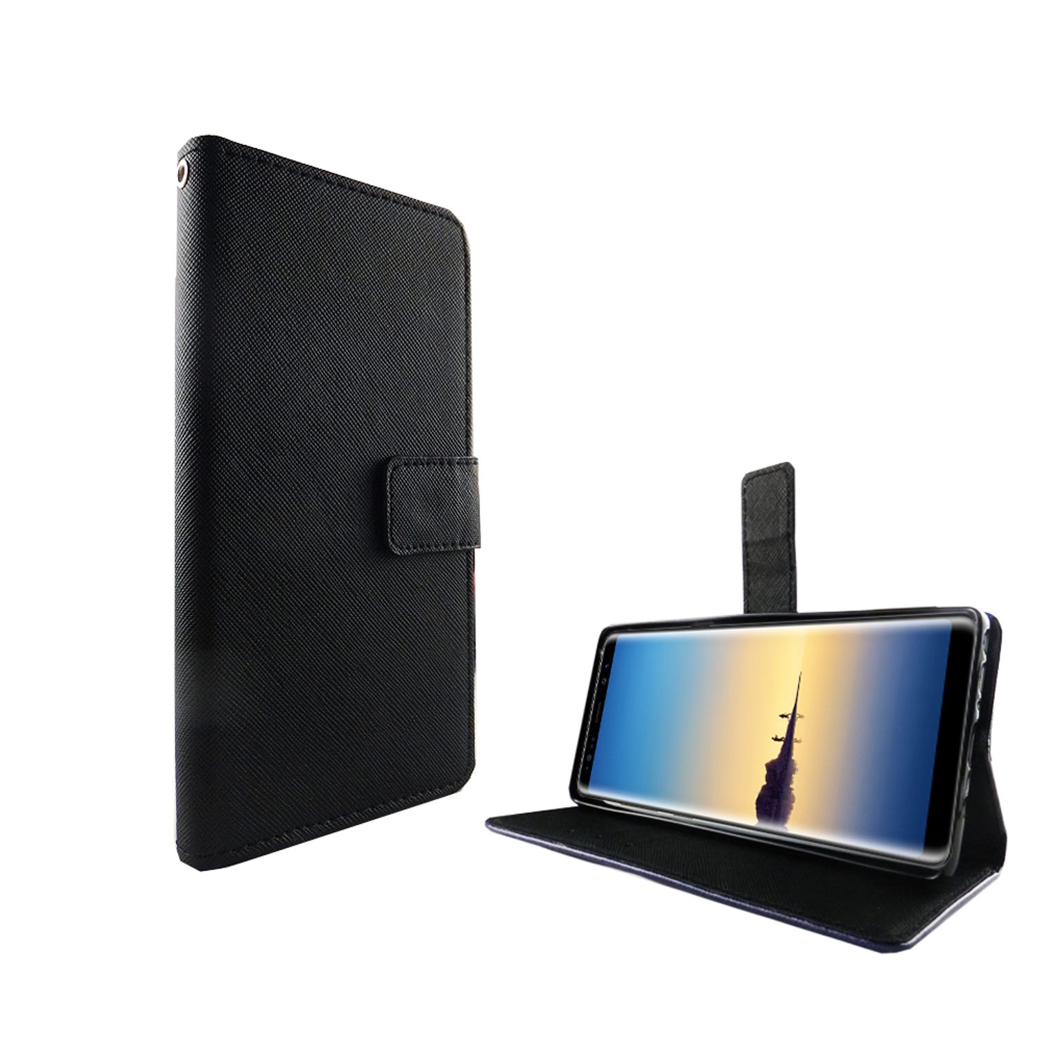 Schwarze Handyhülle, geöffnet, mit Telefon. Der Bildschirm zeigt eine Landschaft.