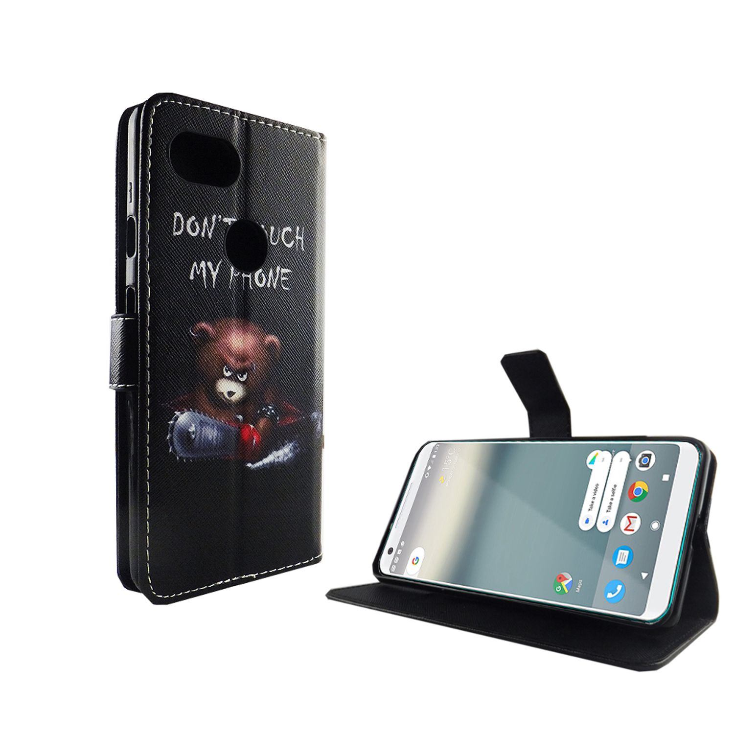 Schwarze Handyhülle mit Bärengrafik mit der Aufschrift 'DON'T TOUCH MY PHONE'.