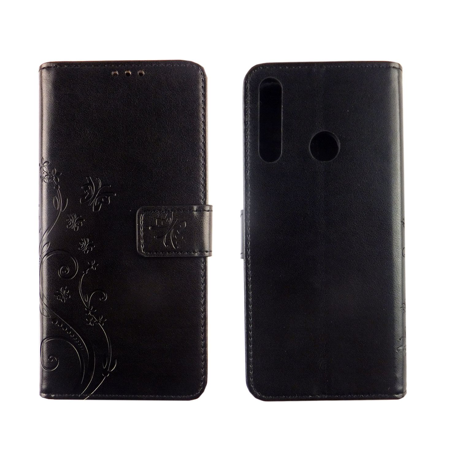 Schwarze Leder-Handy-Hülle. Die Hülle ist offen, mit einem Handy rechts. Weißer Hintergrund.