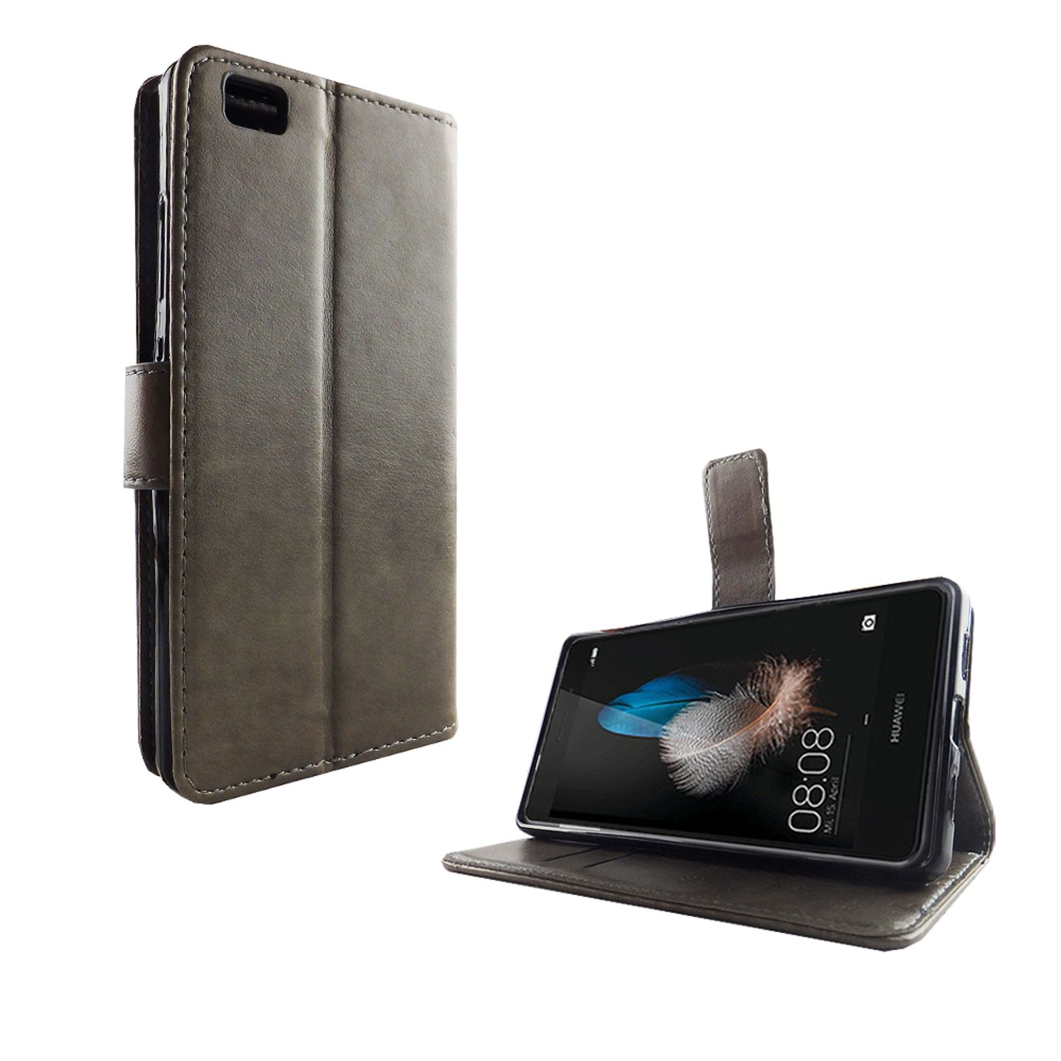 Eine Handyhülle geöffnet mit einem Telefon darin. Die Hülle ist grau, und das Telefon zeigt die Uhrzeit an.