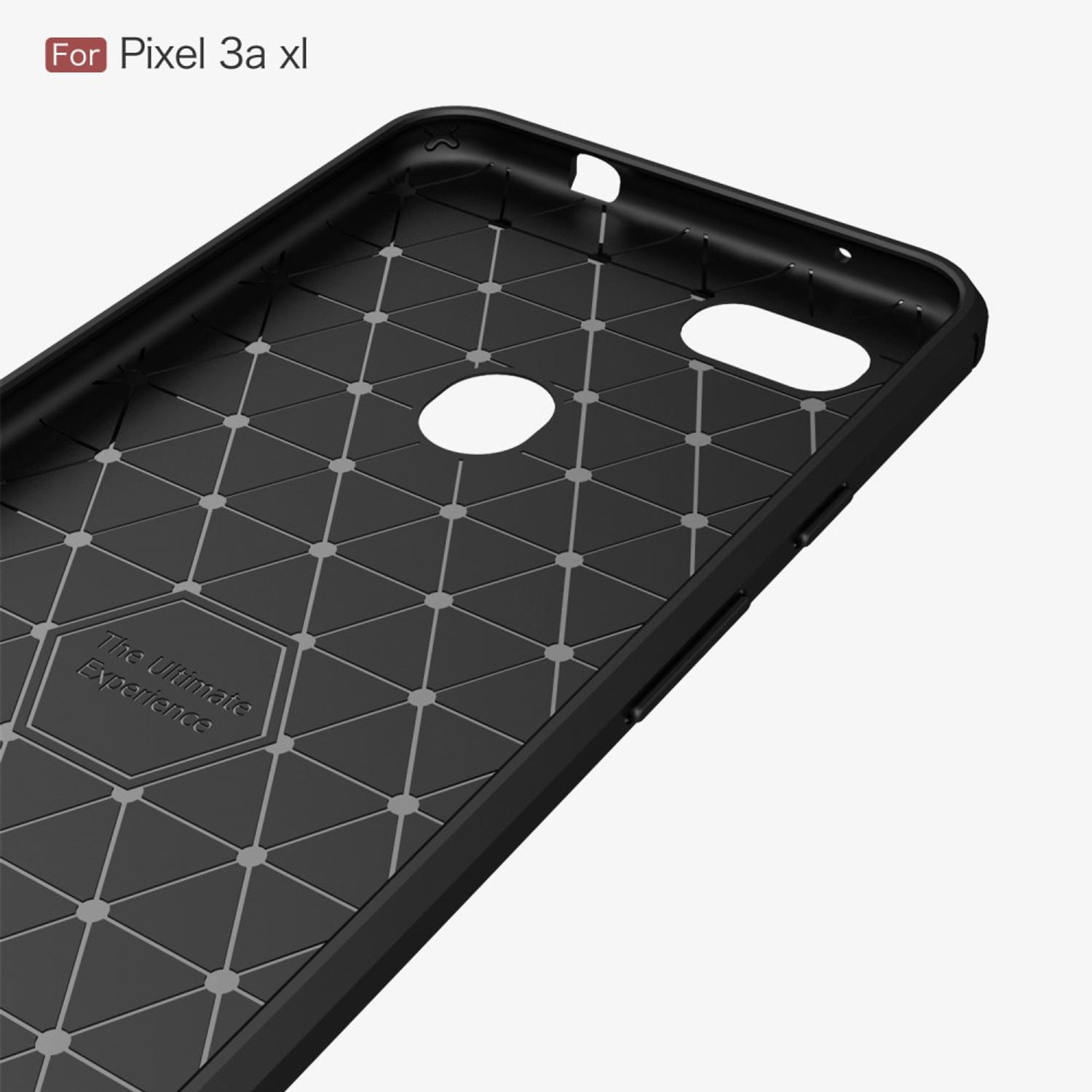 Schwarze Handyhülle mit geometrischem Muster. Die Innenseite ist sichtbar. The Ultimate Experience gedruckt.