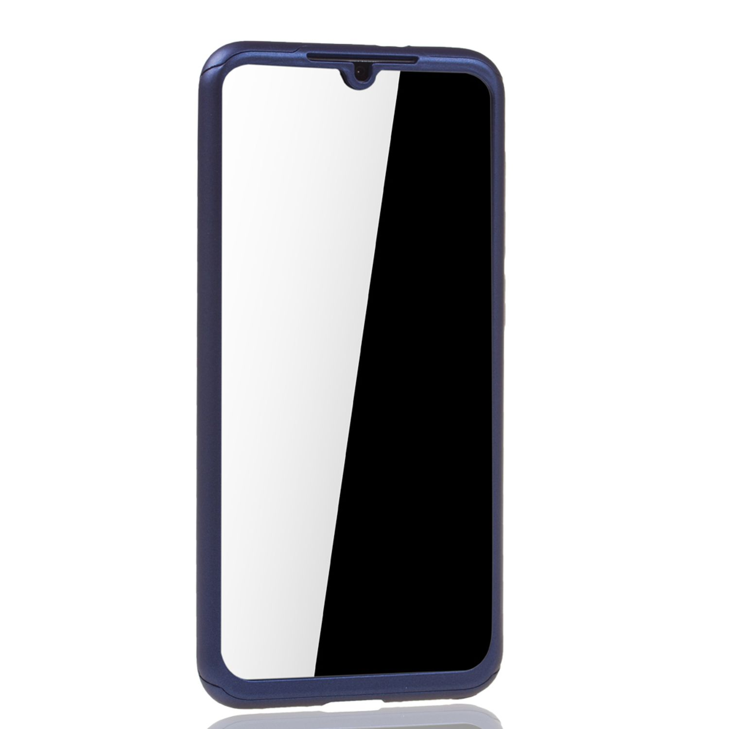 Ein Telefon in einer blauen Hülle mit einem klaren Displayschutz, vor weißem Hintergrund.