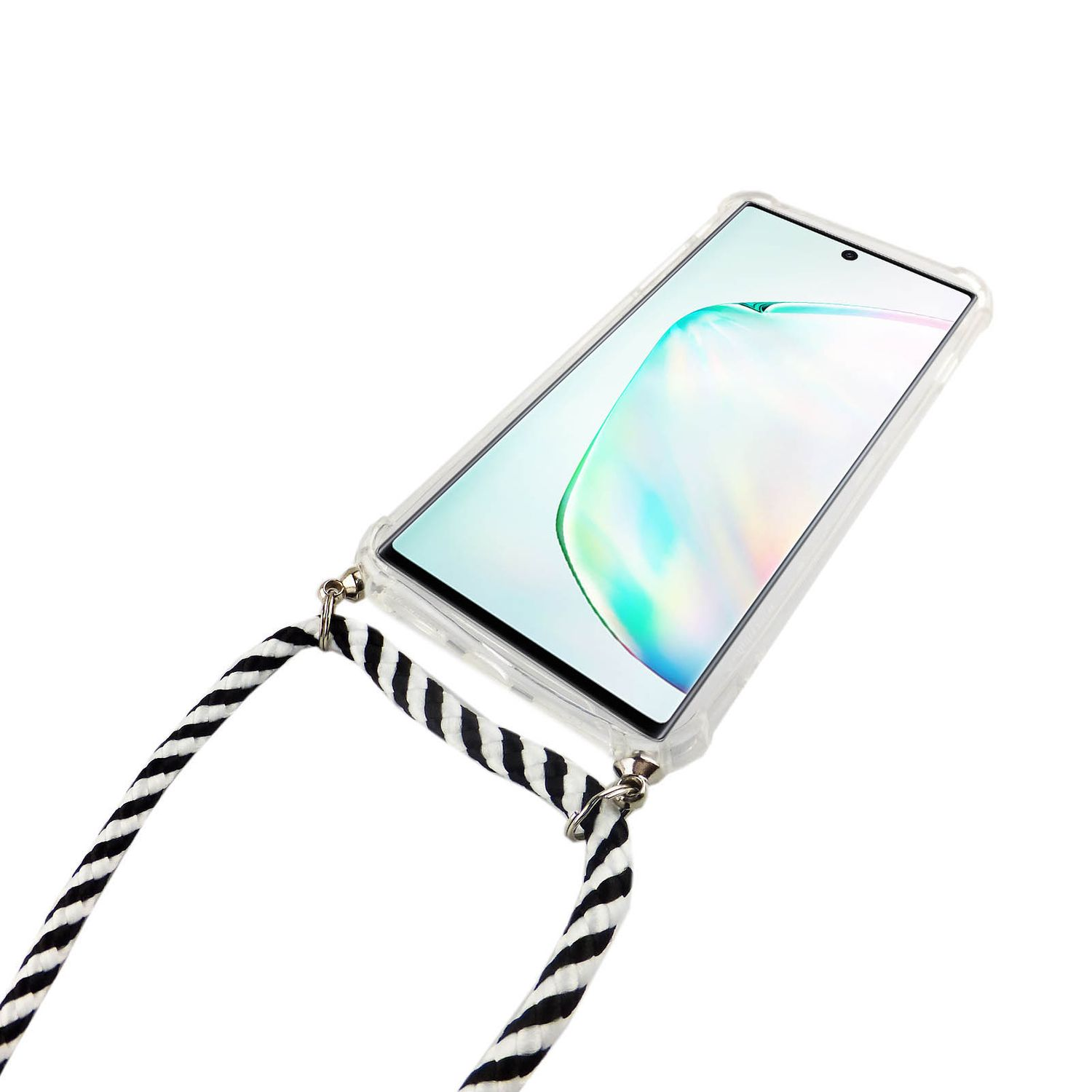 Transparente Handyhülle mit schwarz-weiß gestreiftem Riemen, Telefon in Schrägansicht.