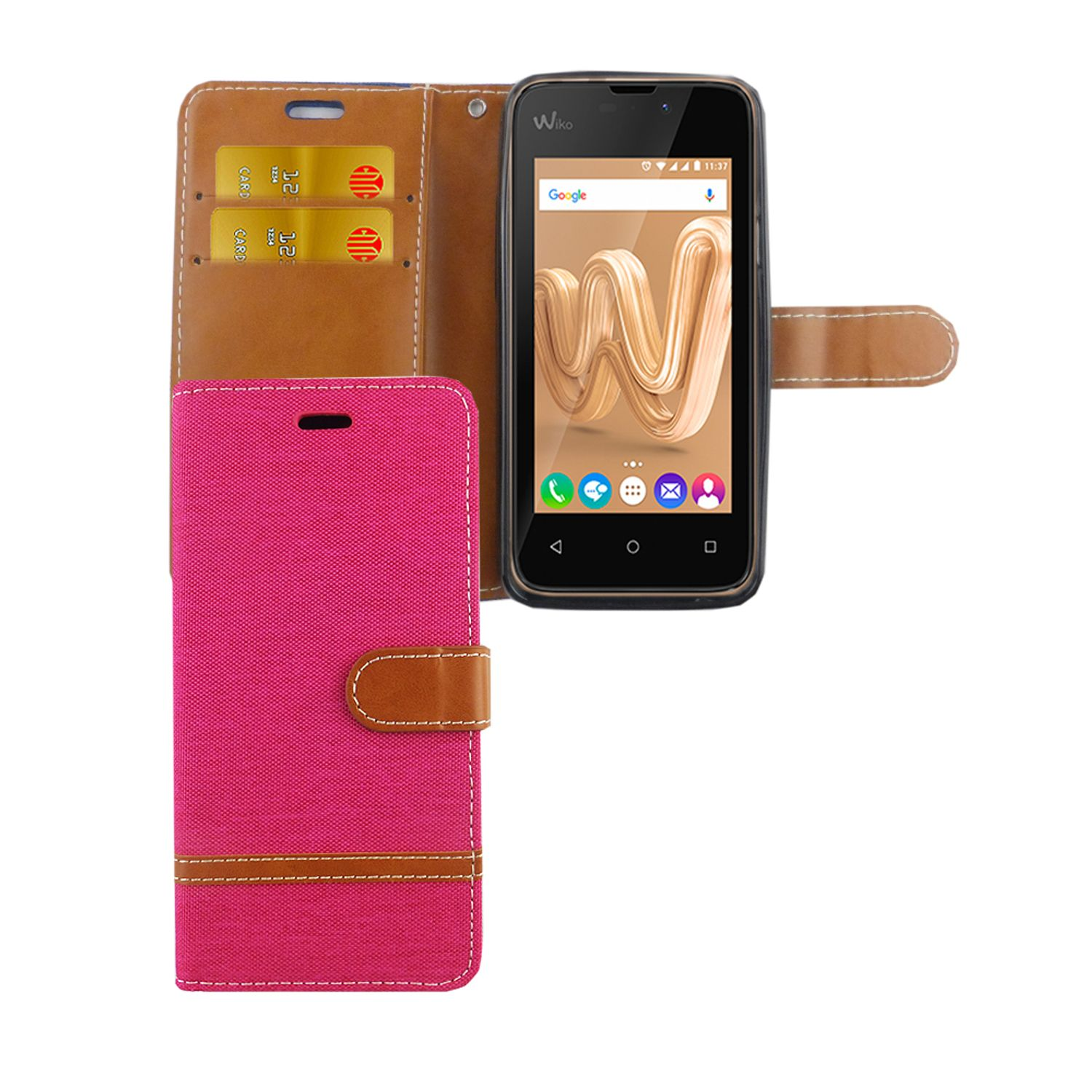 Handyhülle mit Telefon darin. Hülle ist rosa und braun. Telefon hat einen Google-Bildschirm.