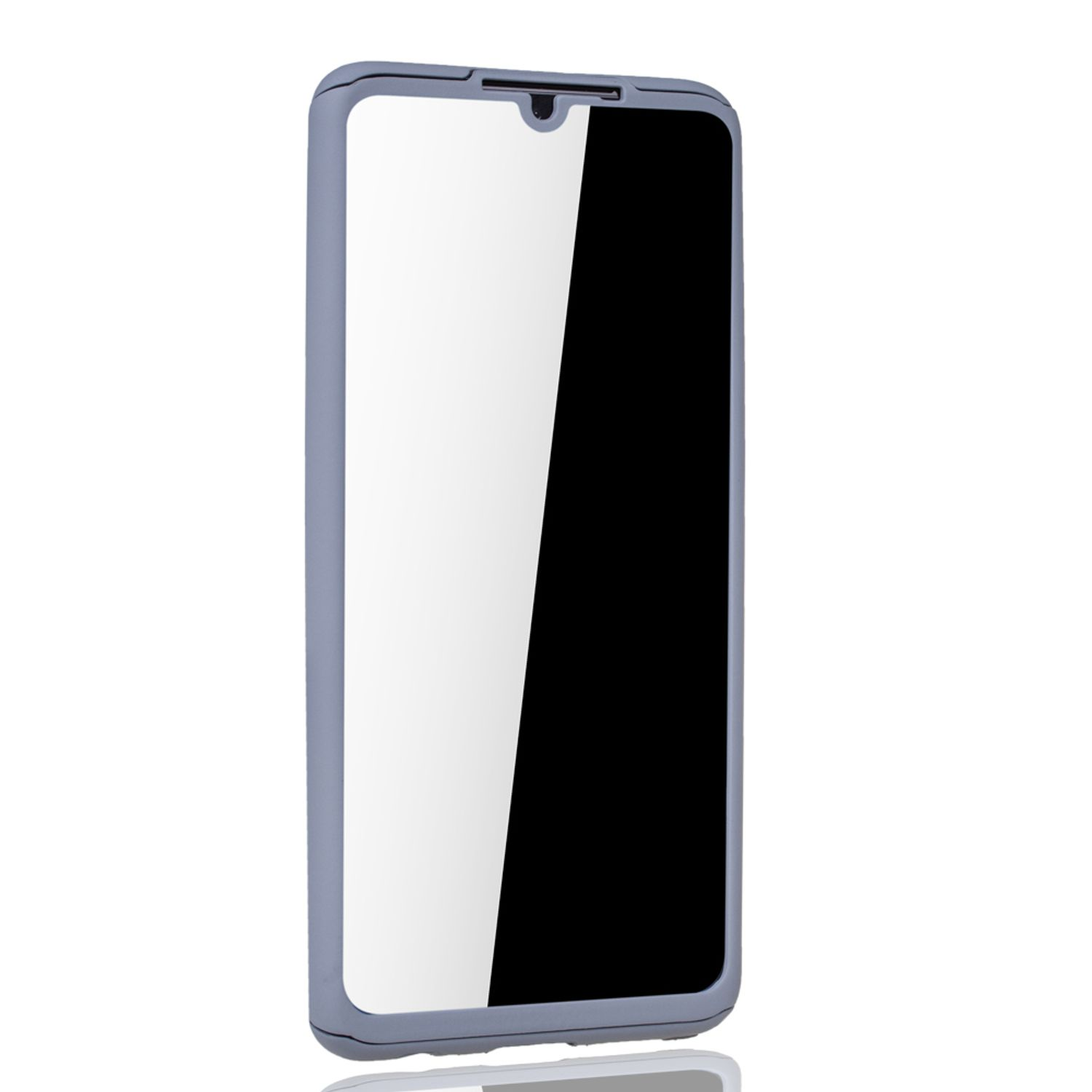 Ein Telefon mit Displayschutz. Das Gehäuse ist hellgrau.