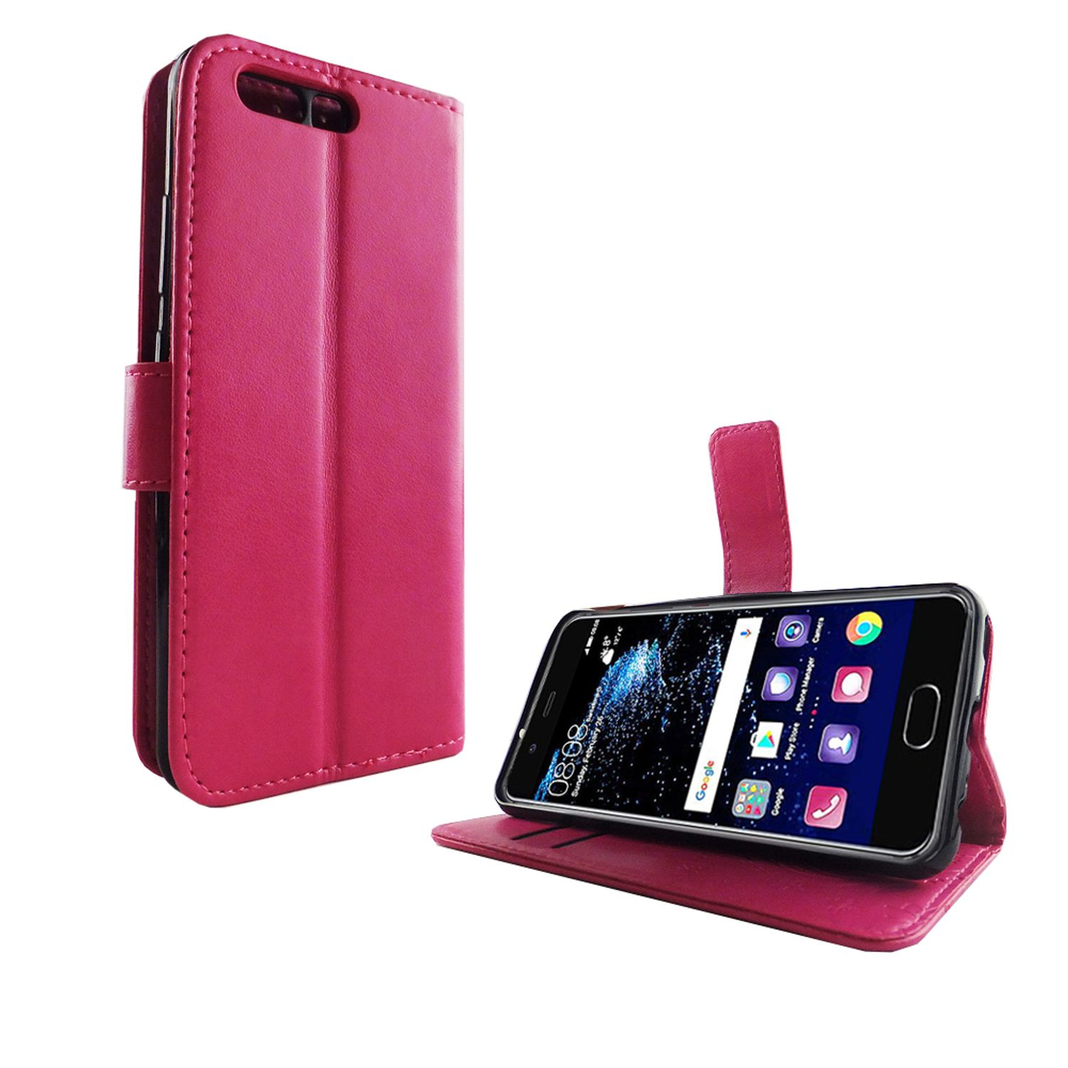 Rosa Telefon in rosa Hülle, auf weißem Hintergrund, mit Bildschirm.