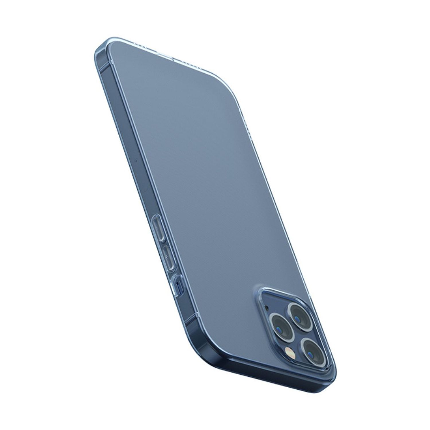 Blaue, transparente Handyhülle. Das Telefon hat eine Kameraausbuchtung. Die Hülle liegt auf weißem Untergrund.