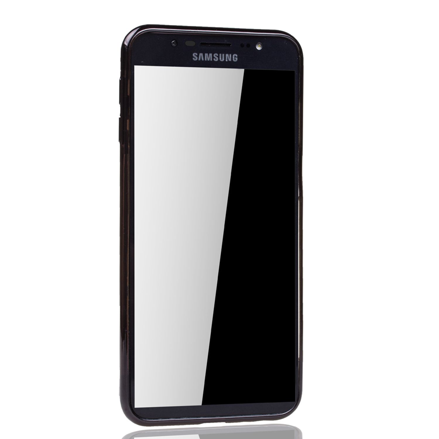 Schwarzes Samsung-Telefon mit schwarzem Rahmen. Leerer Bildschirm auf weißem Hintergrund.