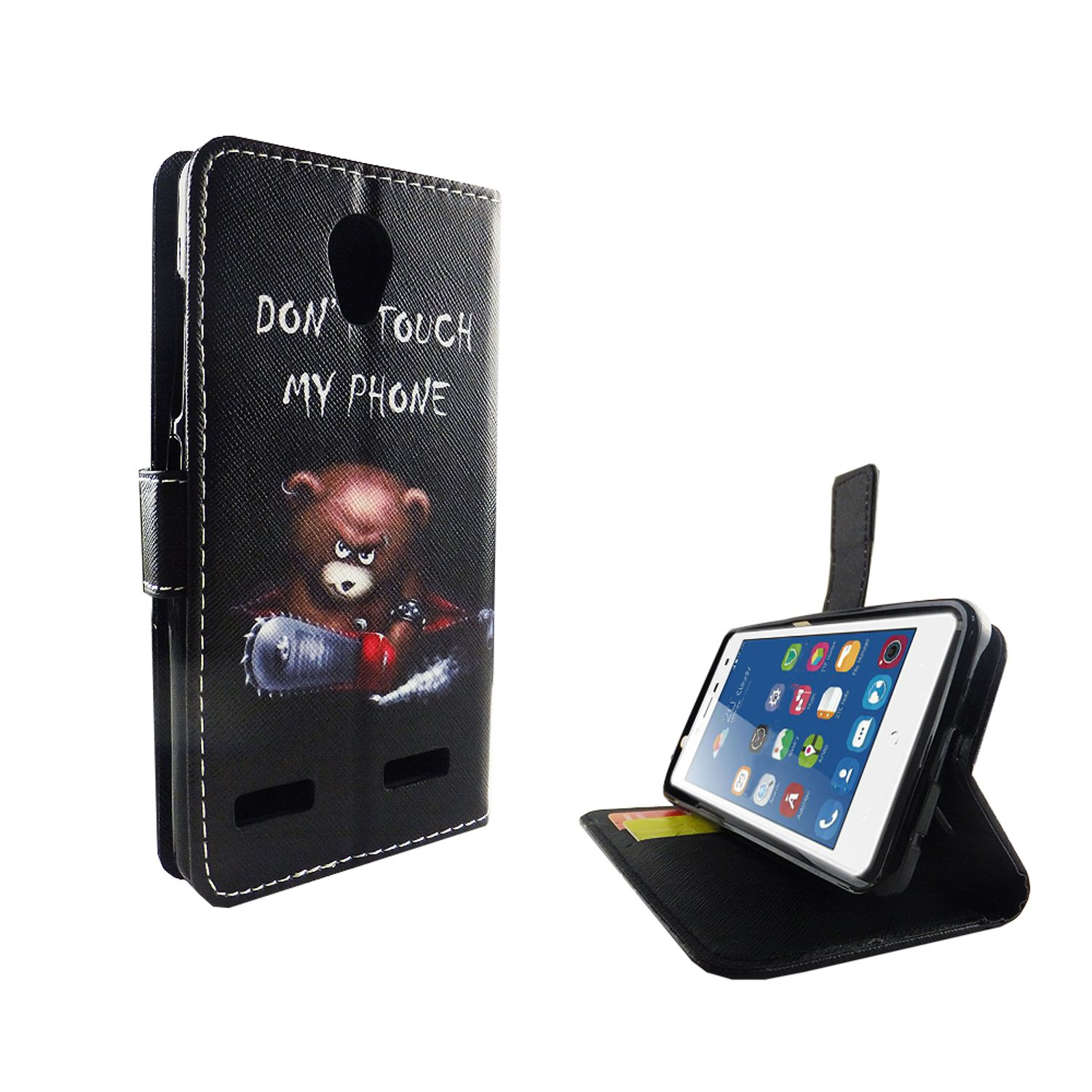 Geöffnete Handyhülle mit Telefon. Cover mit Bär, Kettensäge und Text 'DON'T TOUCH MY PHONE'.