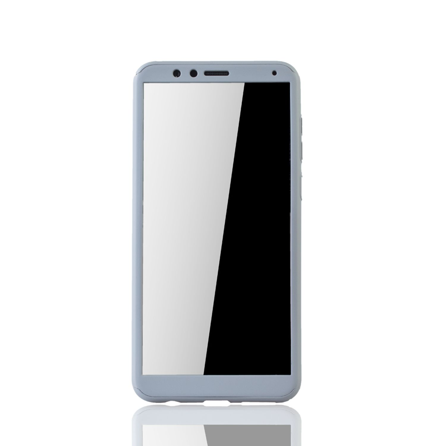 Ein graues Smartphone mit schwarzem Bildschirm vor weißem Hintergrund. Das Telefon hat ein hellgraues Gehäuse.