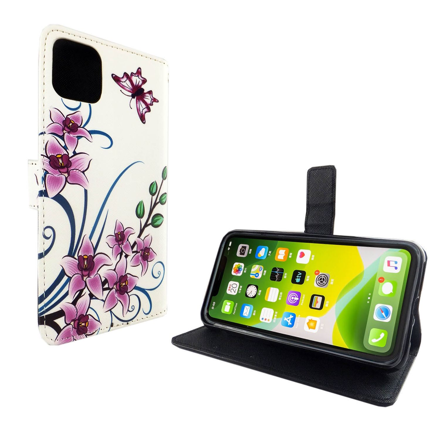 Ein Telefon in einer floralen Brieftasche, mit offenem Telefon mit App-Symbolen.