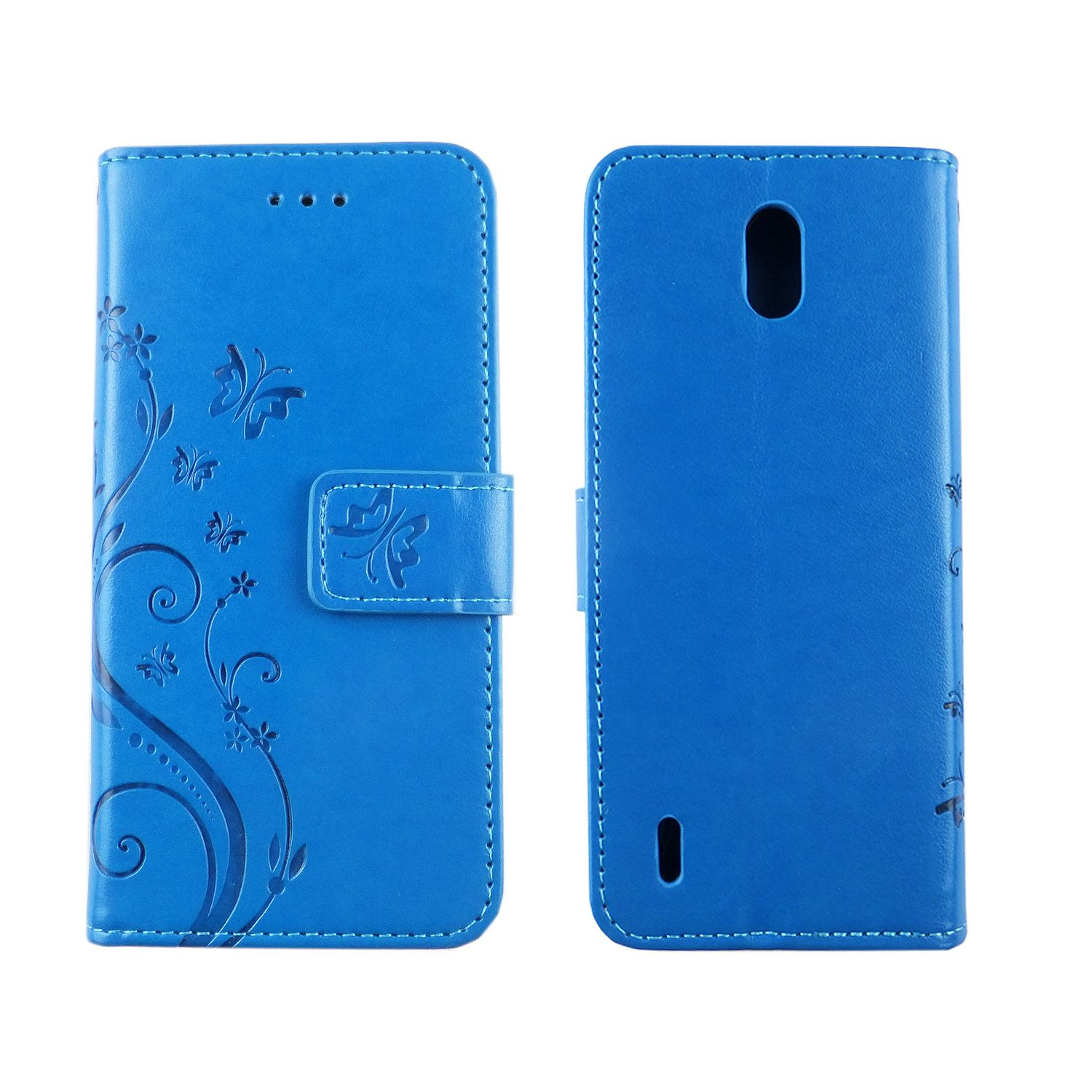Blaue Handyhülle, geöffnet. Mit floralem Design und Magnetverschluss. Weißer Hintergrund.
