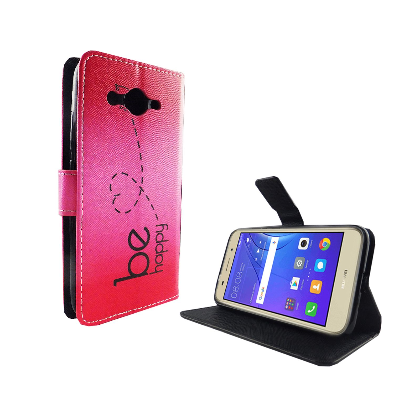 Ein Telefon in einer rosa-roten Hülle, offen und stehend. Der Bildschirm zeigt eine Oberfläche.