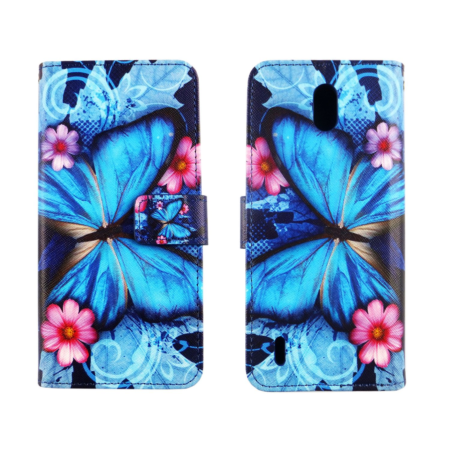 Blaue Handyhülle mit Schmetterlingsdesign und rosa Blumen. Die Hülle ist offen.