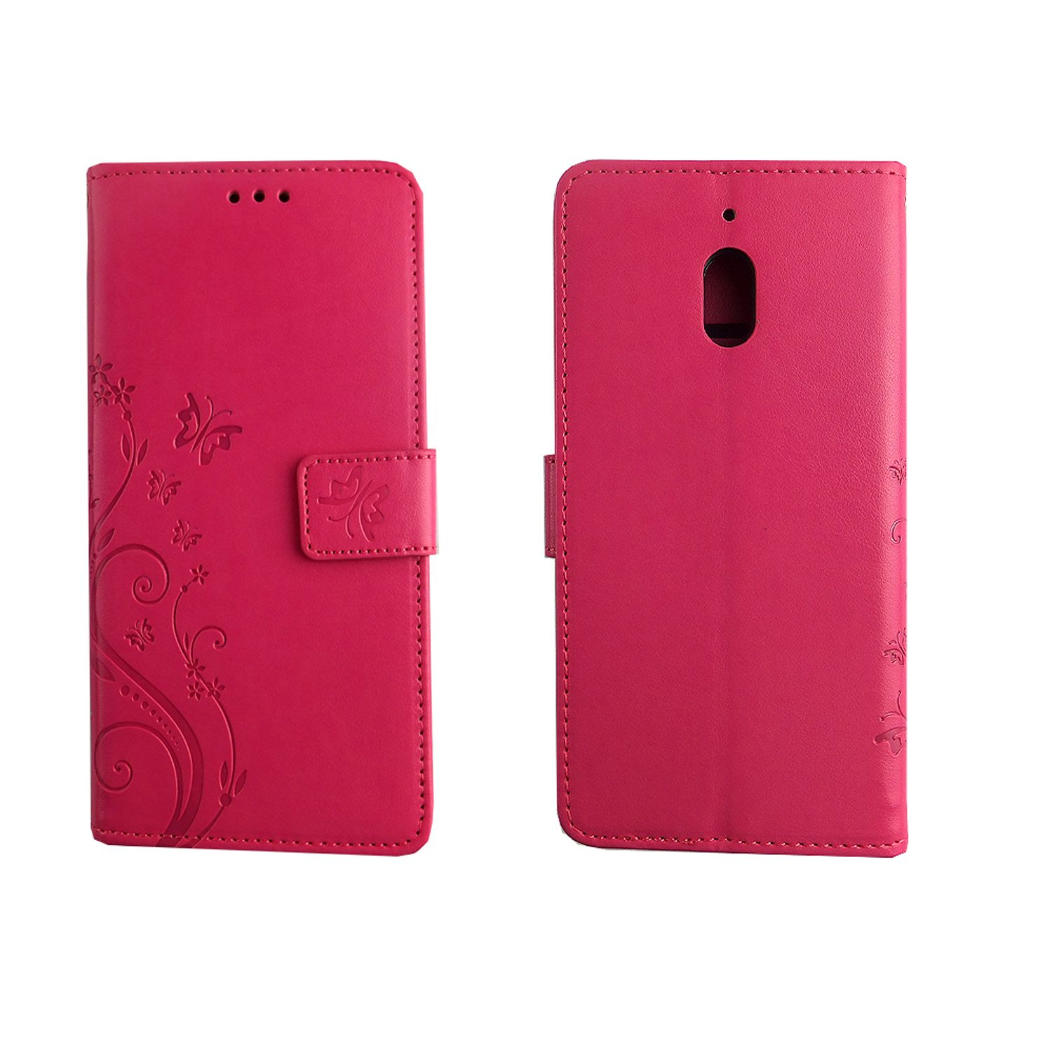 Rosa Handyhülle mit Blumendesign. Die Hülle ist geöffnet, mit einem Telefon.