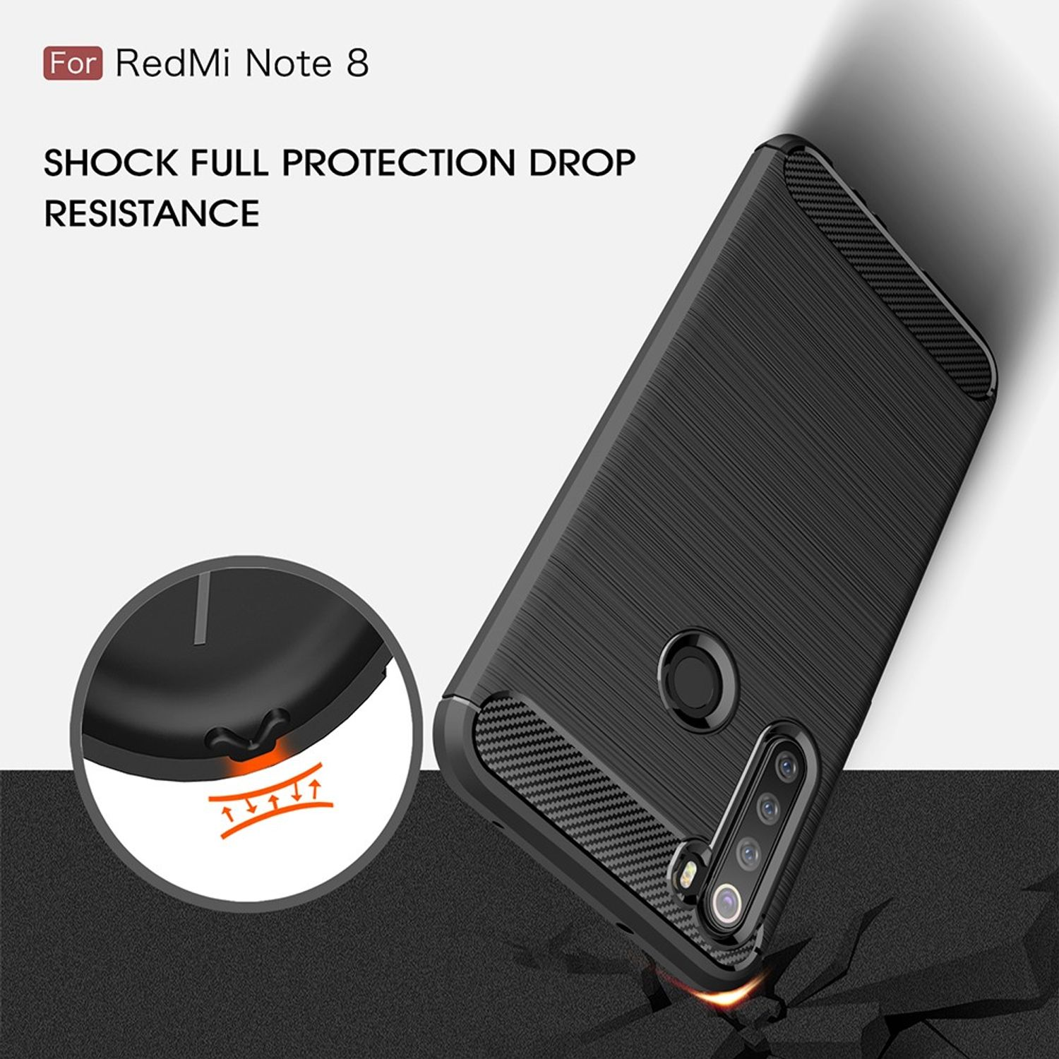 Schwarze Handyhülle für RedMi Note 8, sturzsicher, mit einer zerbrochenen Oberfläche darunter, die den Schutz zeigt.