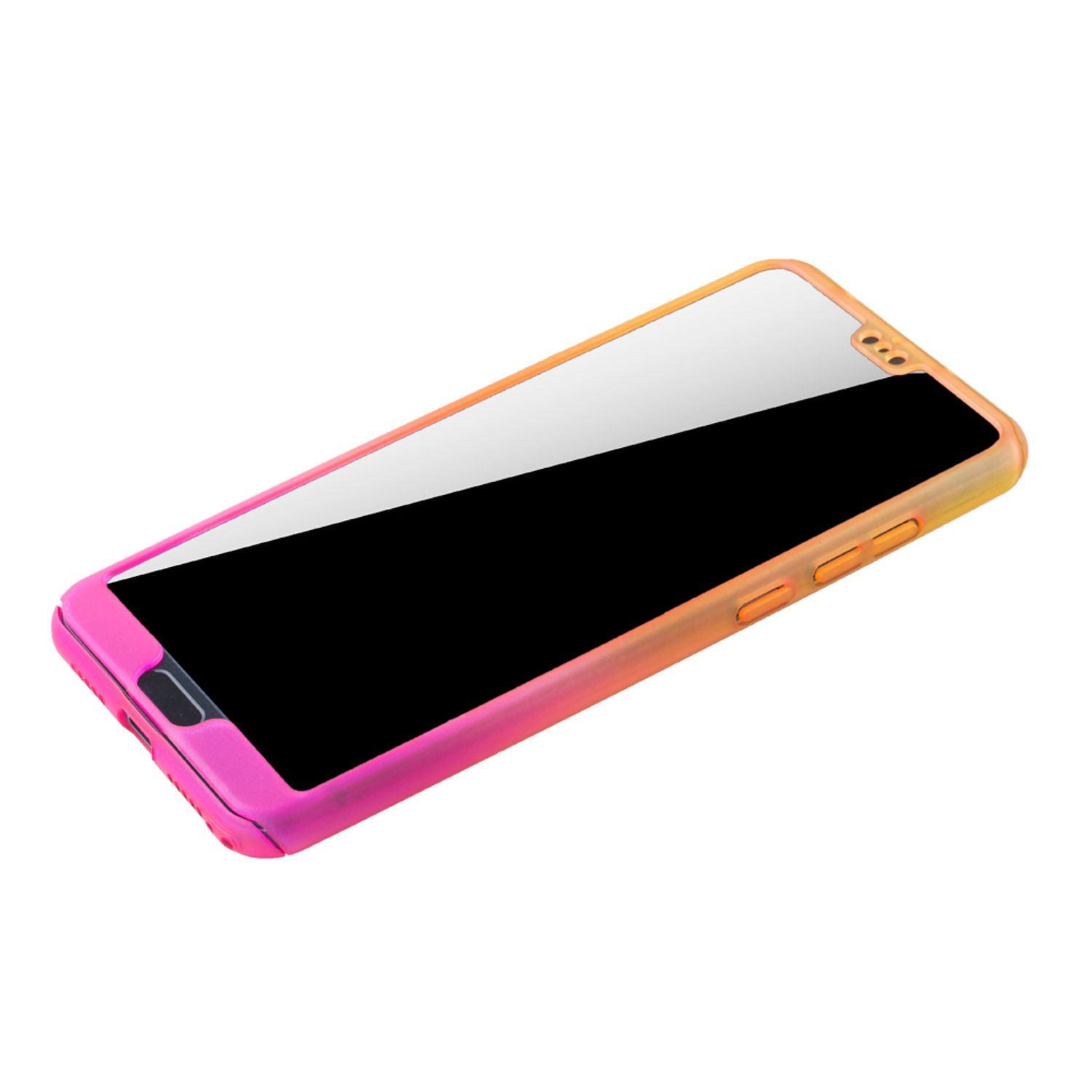 Telefon in einer Hülle mit rosa-gelbem Farbverlauf. Der Bildschirm ist schwarz.