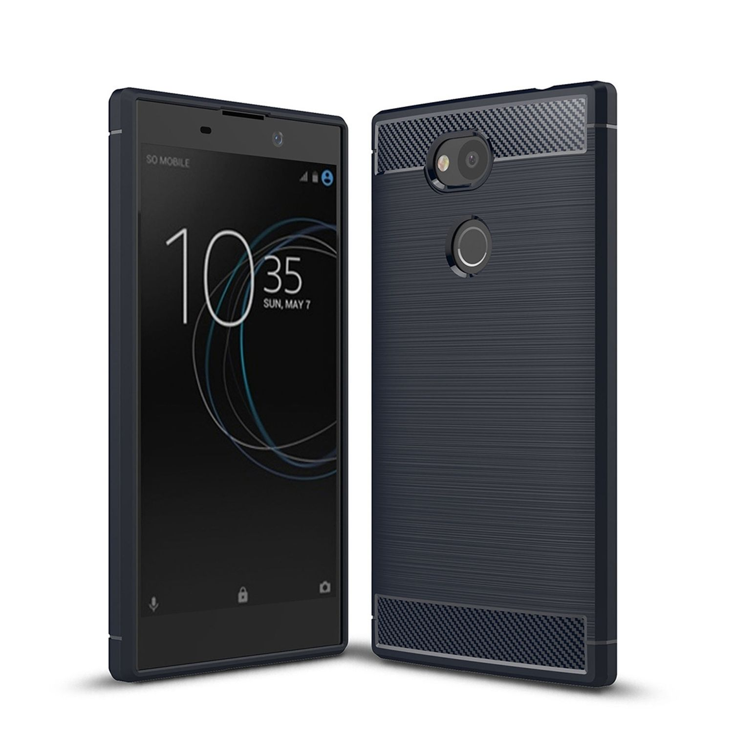 Ein schwarzes Telefon mit einer dunkelblauen Hülle, mit gebogener Hülle und dunkelblauem Hintergrund.