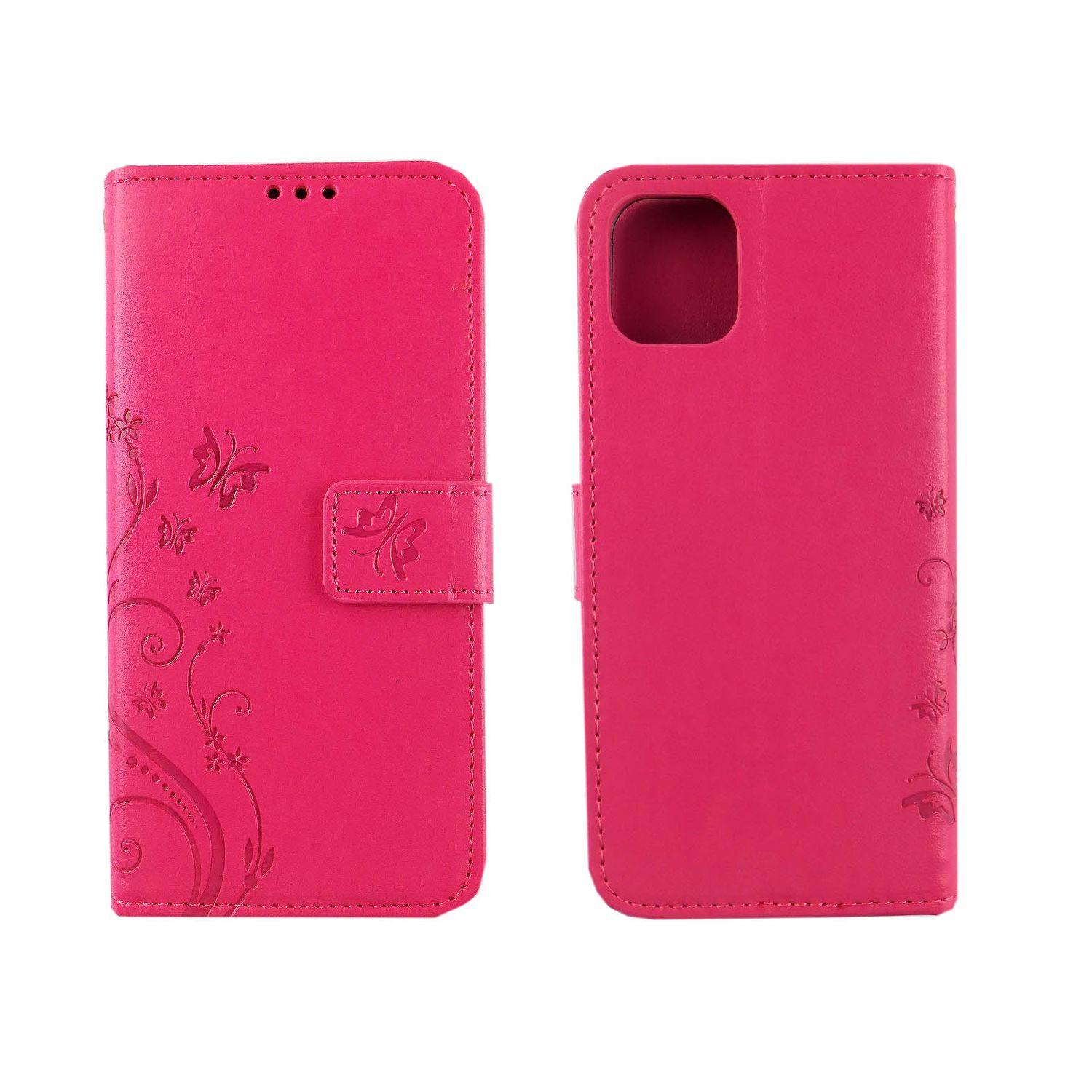 Geöffnete rosa Leder-Handyhülle, zeigt Vorder- und Rückseite, mit Schmetterlings- und Blumenmustern, auf weißem Grund.