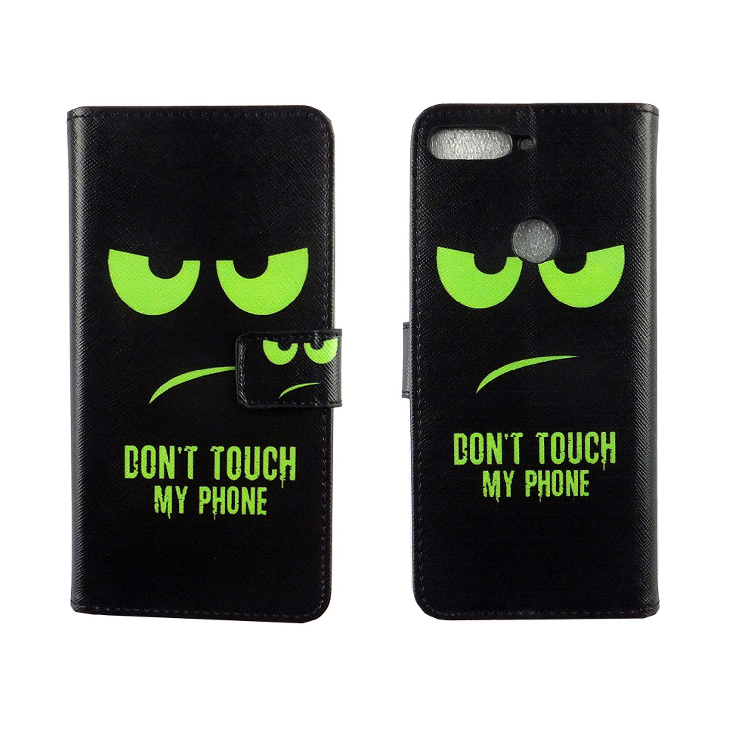 Schwarze Handyhülle mit grünen wütenden Augen und dem Text 'DON'T TOUCH MY PHONE'.