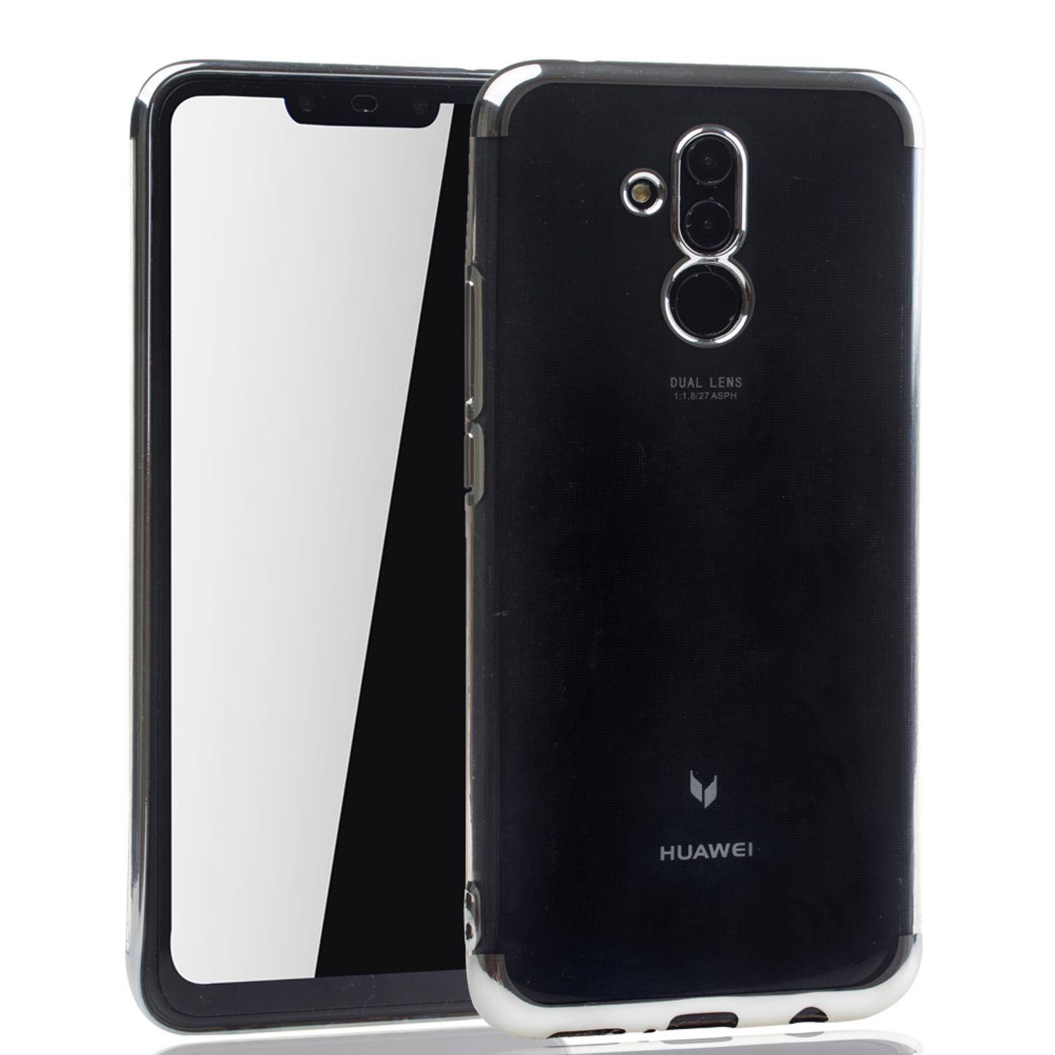 Telefon mit klarer Hülle. Die Rückseite ist schwarz, mit Huawei-Logo und Dual-Objektiv.