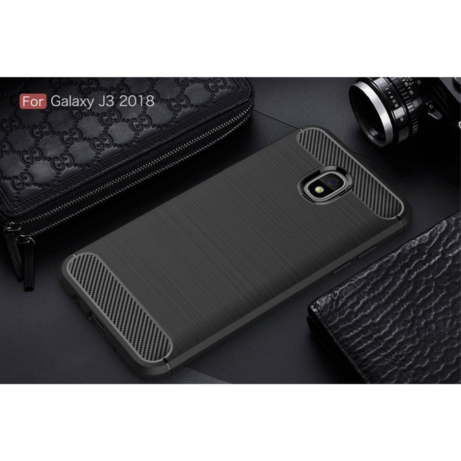 Schwarz Backcover, Galaxy J3 Samsung, Handyhülle (2018), KÖNIG Optik, DESIGN Carbon