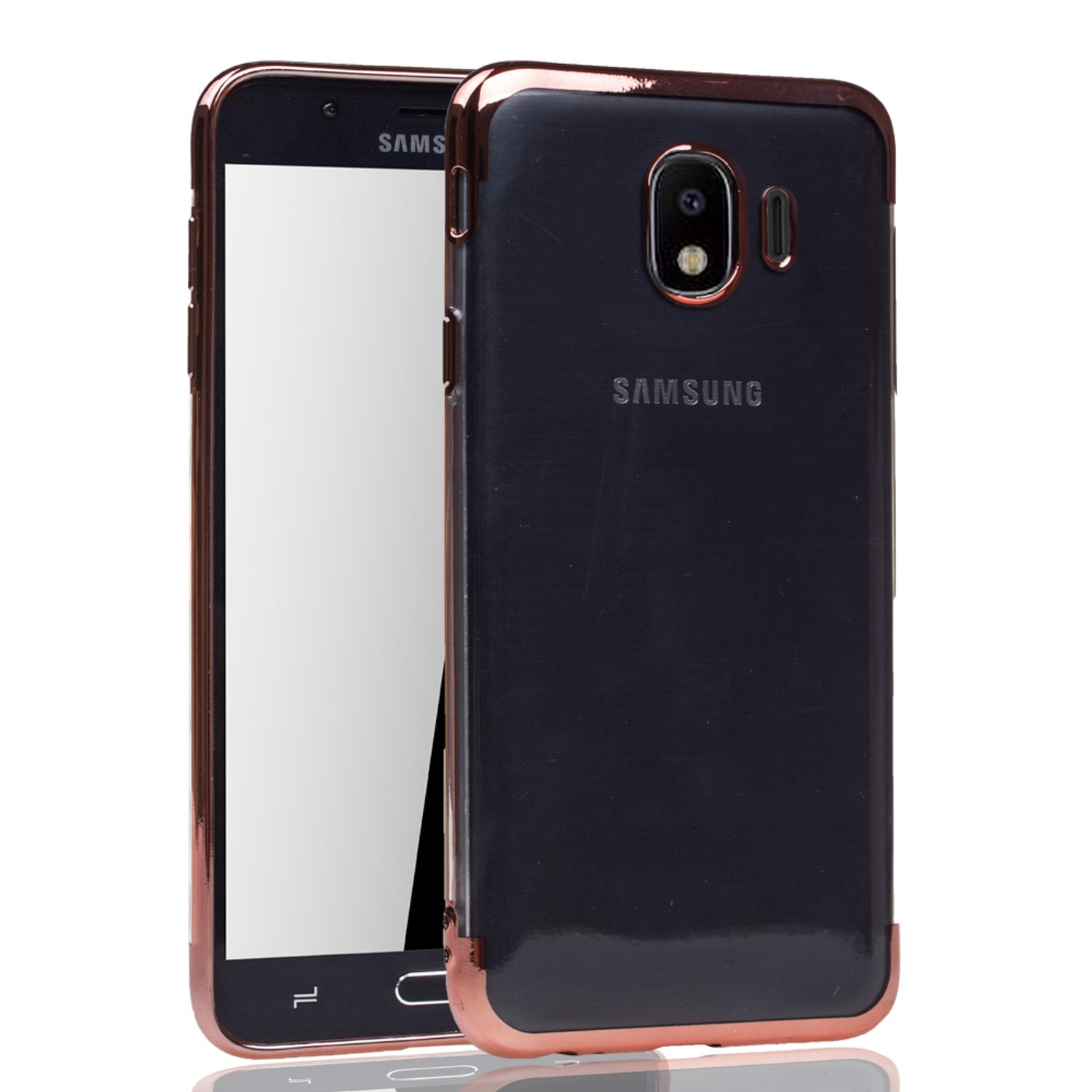 Schwarzes Telefon in einer Hülle mit roségoldfarbenem Rahmen. Der Telefonbildschirm ist an.