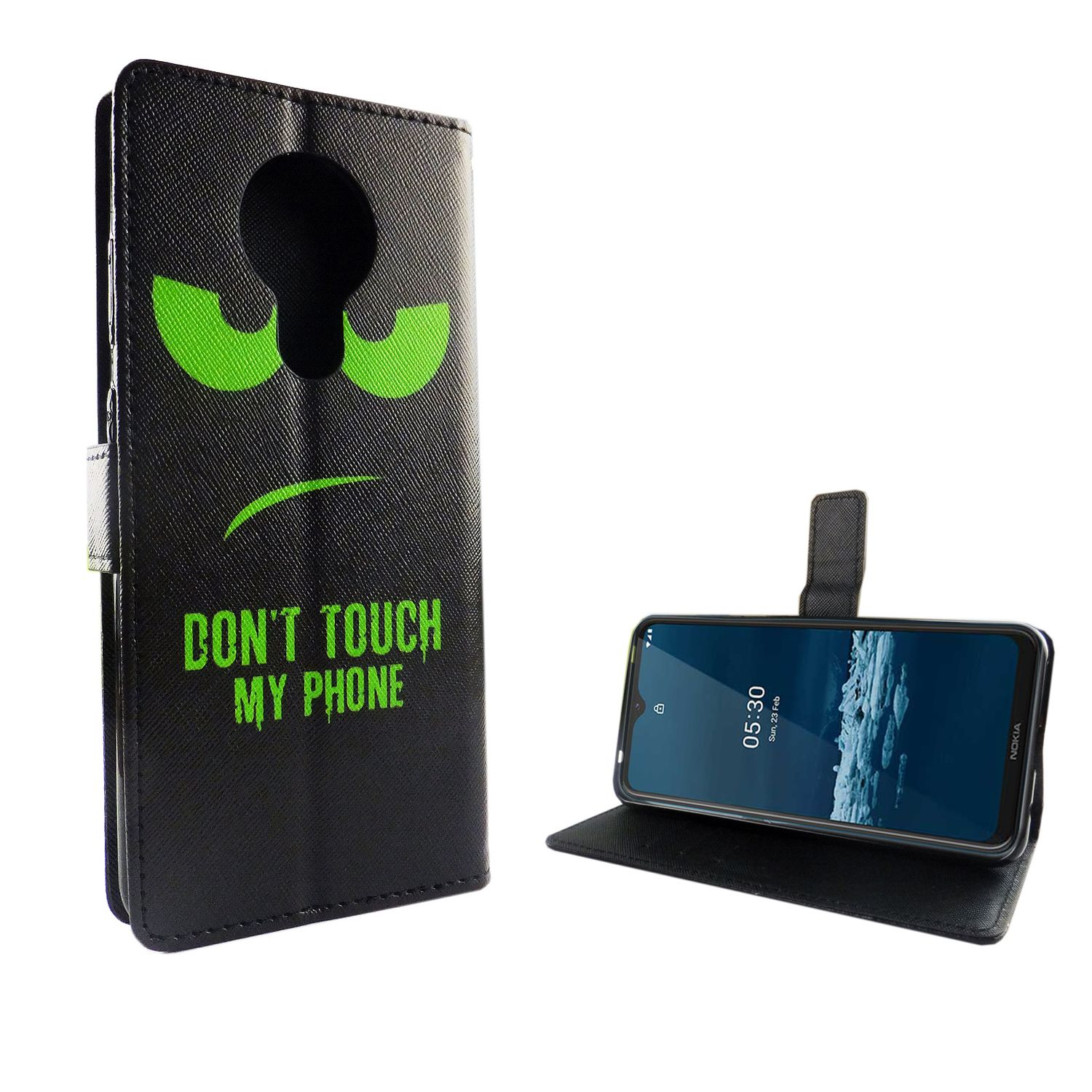 Schwarze Handyhülle mit grünem Gesicht und Text. Telefon innen.