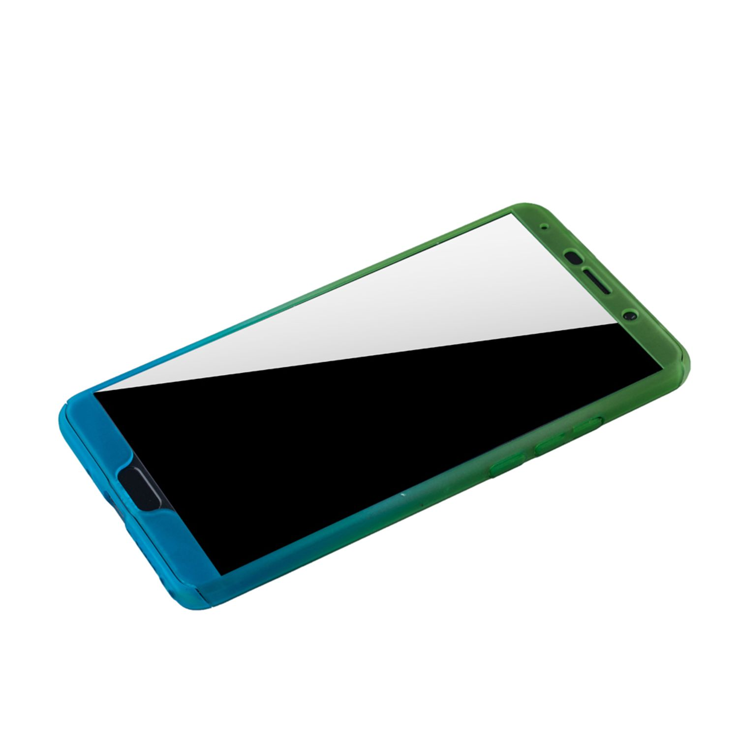 Smartphone mit grün-blauem Farbverlauf-Case. Schwarzer Bildschirm, weißer Hintergrund.