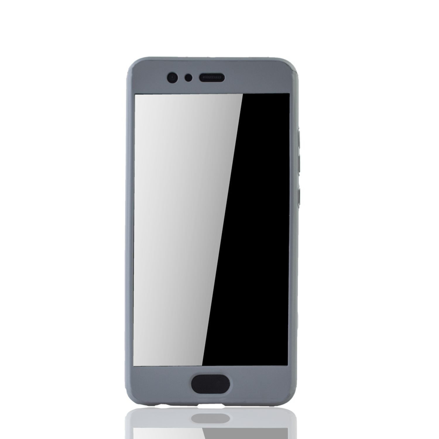 Graues Telefon mit schwarzem Bildschirm, weißer Hintergrund.
