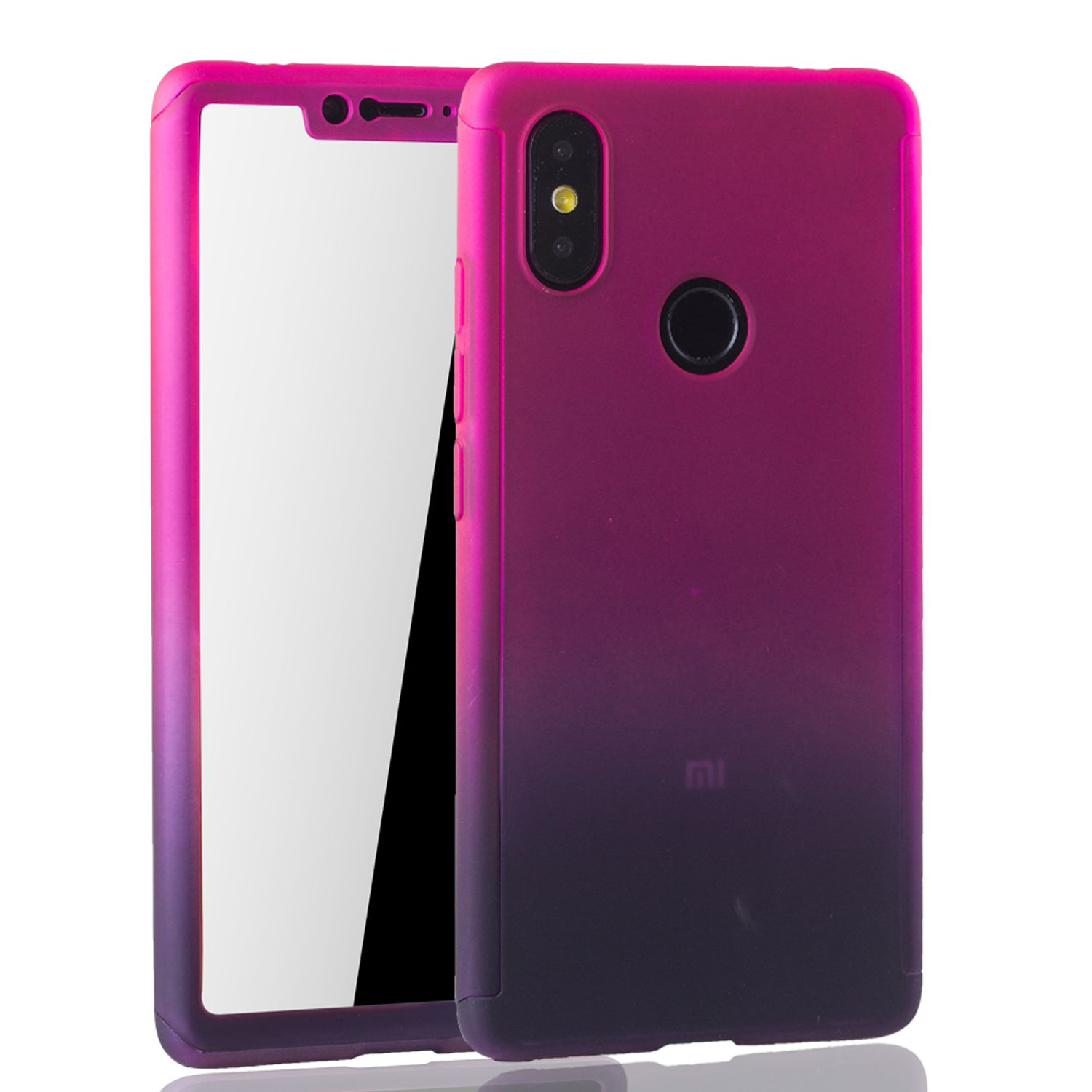 Ein Telefon in einer lila-schwarzen Hülle. Der Bildschirm ist schwarz. Die Hülle vor weißem Hintergrund.