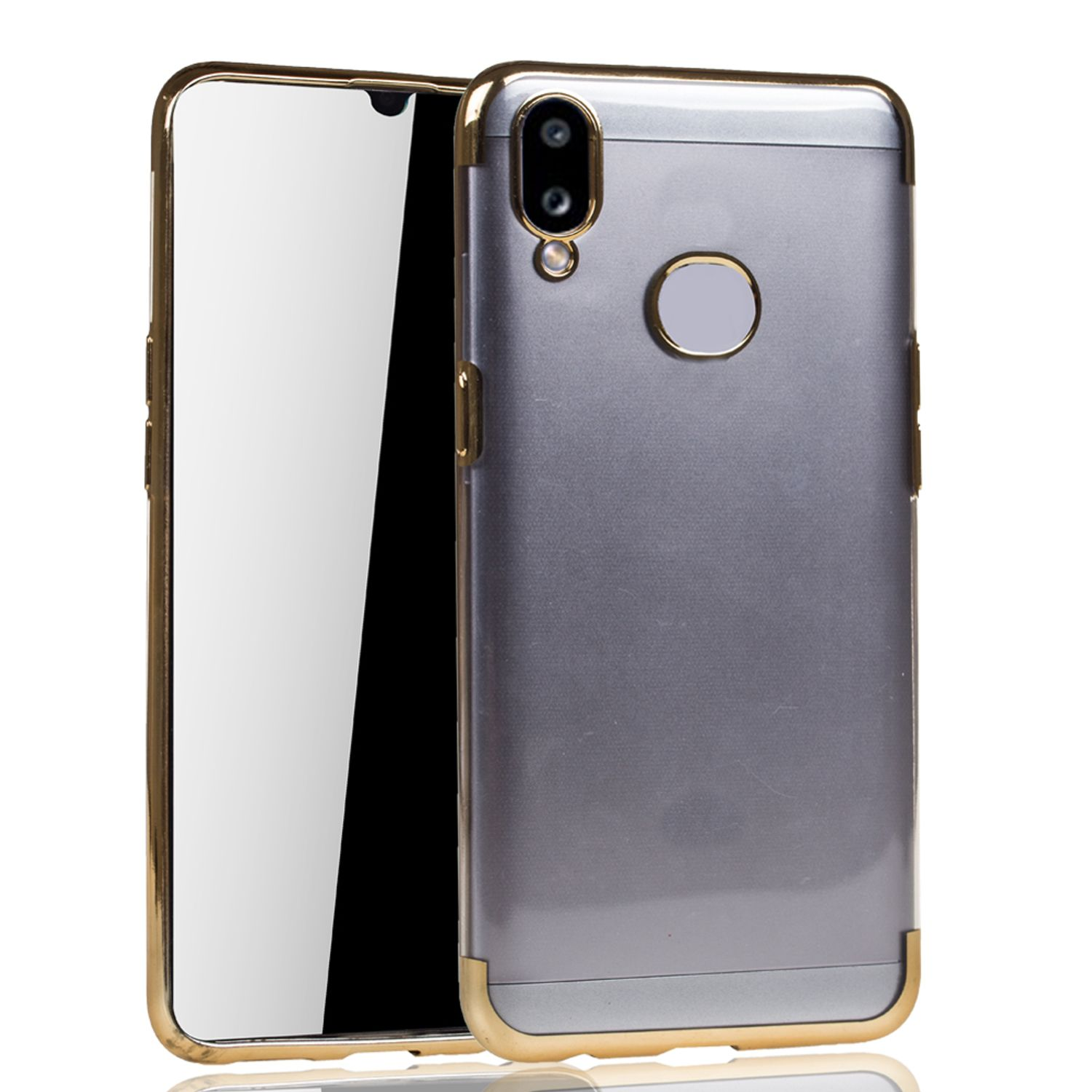 Silbernes Telefon mit goldenem Rahmen. Der Bildschirm ist schwarz. Die Hülle ist offen.