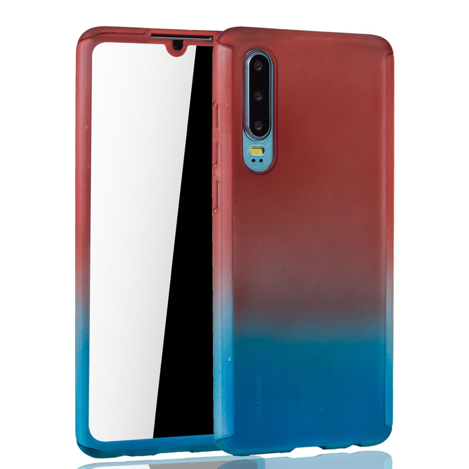 Handyhülle, Farbverlauf von Rot nach Blau. Telefon darin, weißer Hintergrund.