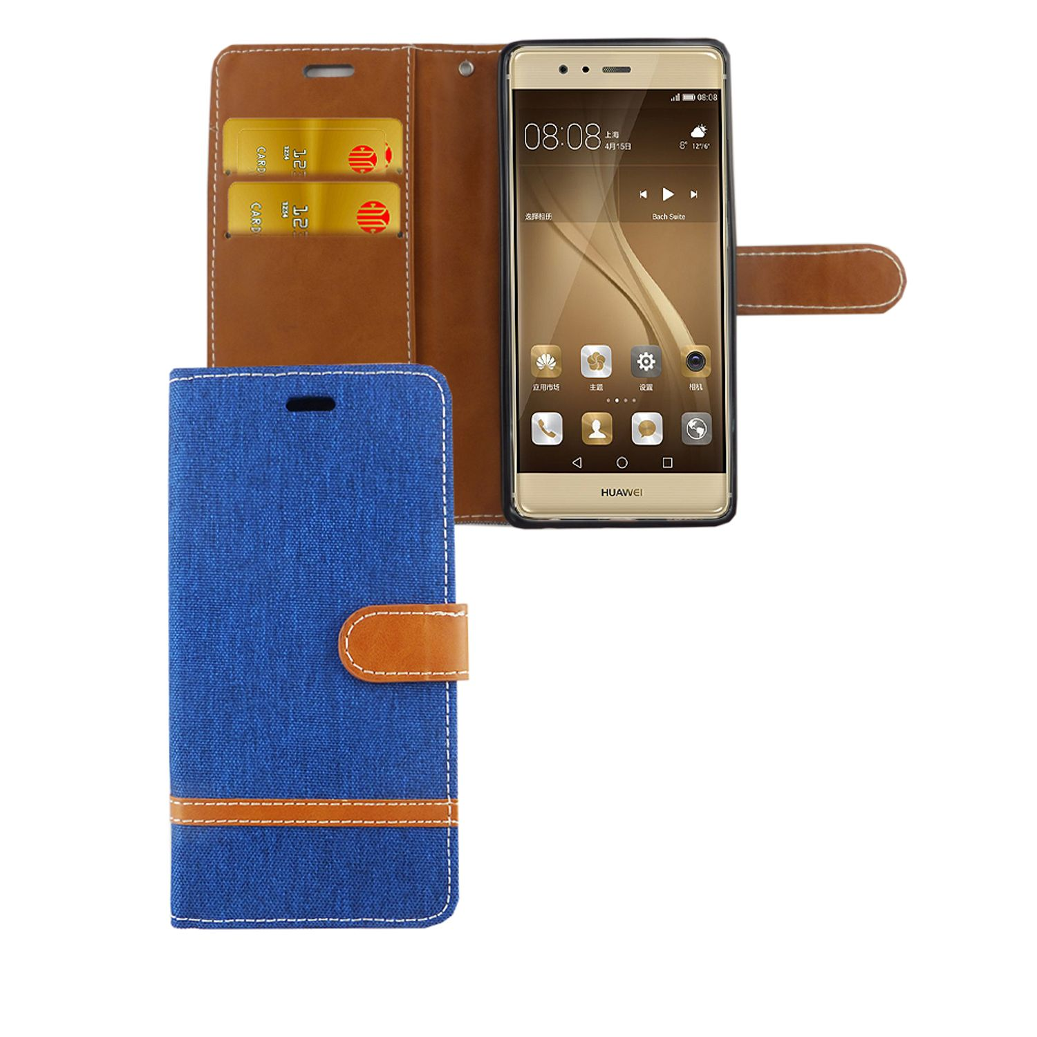 Blaue Hülle, braune Brieftaschenhülle mit Karten und Telefon. Telefon hat Apps und Zeitanzeige.
