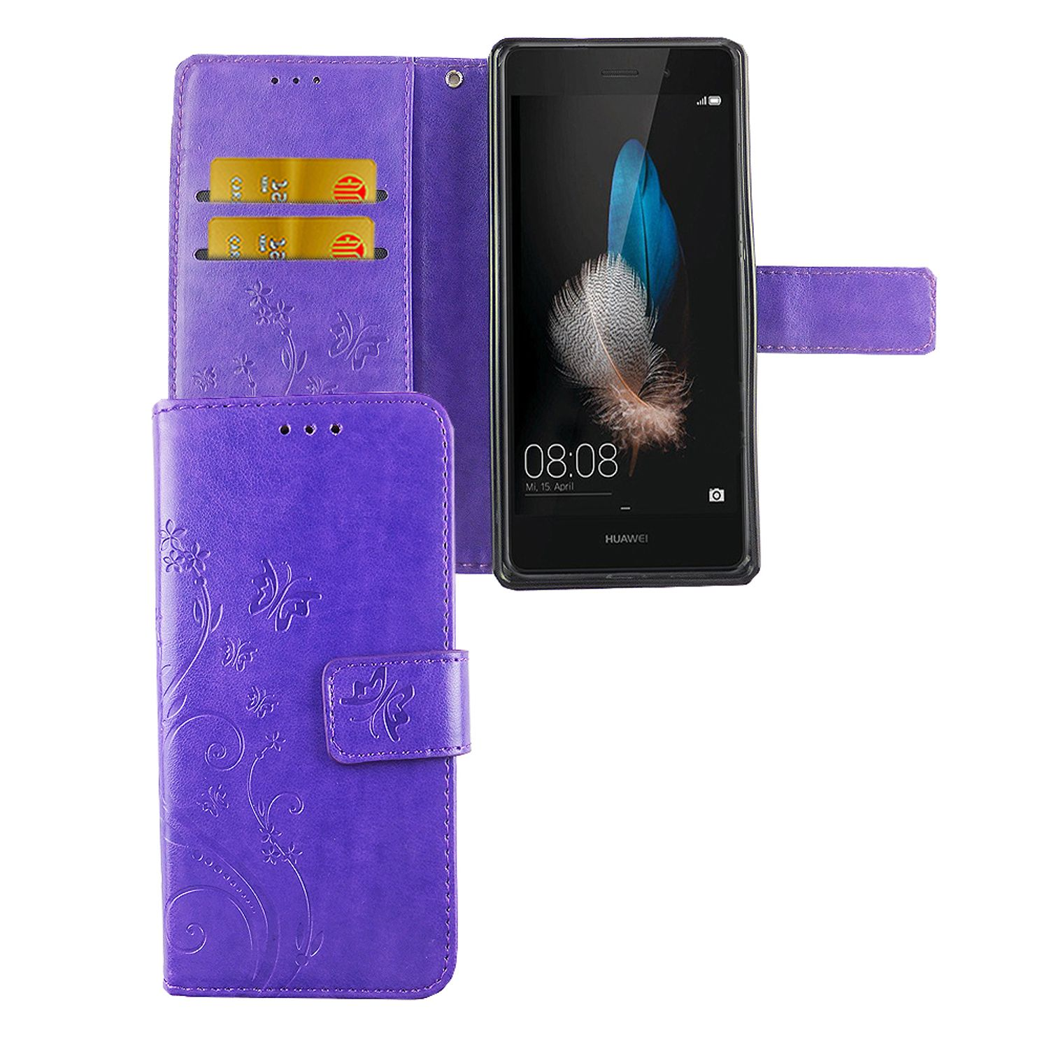 Lila Handyhülle mit Telefon, geöffnet mit Kartenfächern und Blumendesign.