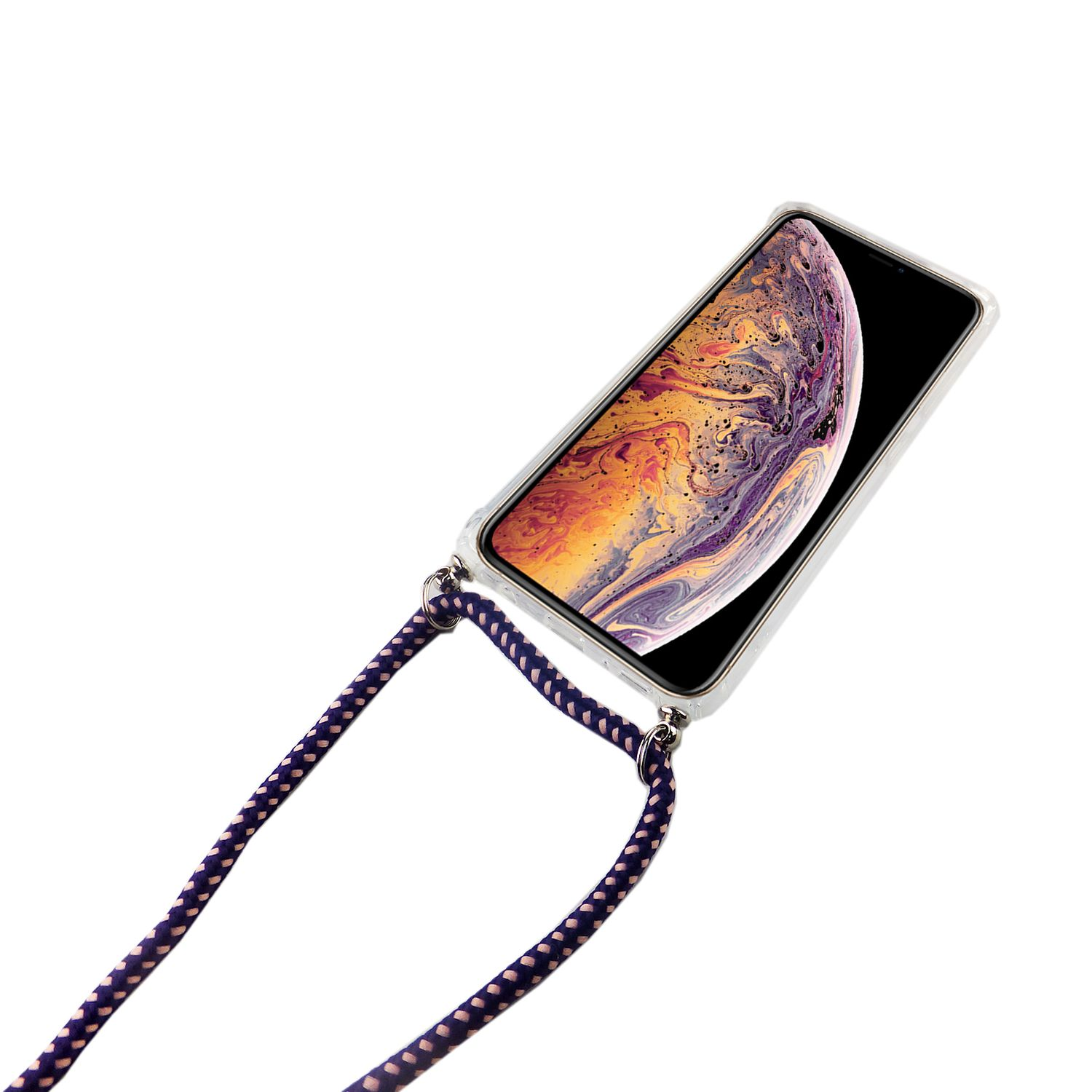 Ein Telefon mit Hülle und lila-weißem Umhängeband auf weißem Hintergrund.