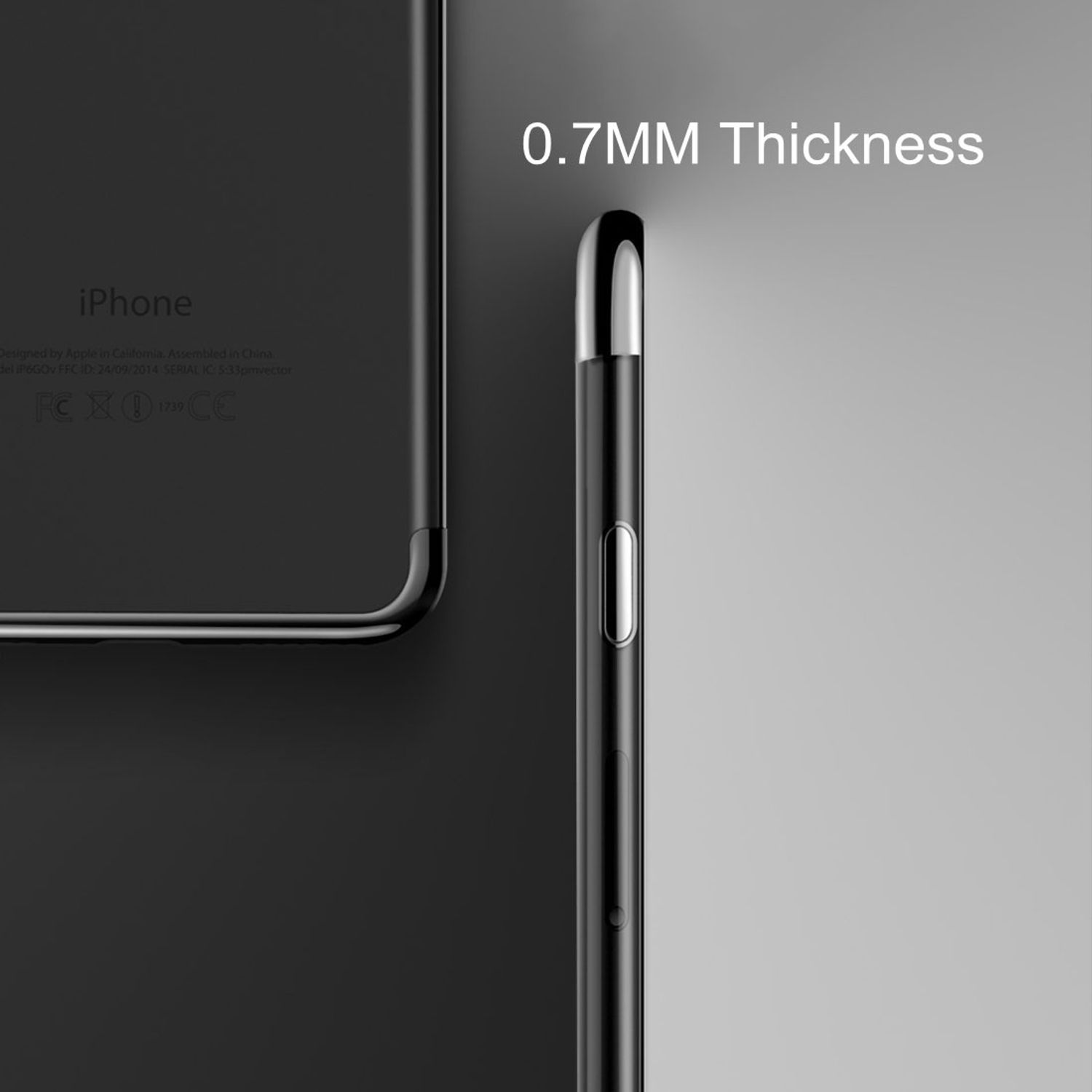 iPhone, Seitenansicht, schwarz mit dünnem Rahmen, 0,7 mm Dicke gezeigt.