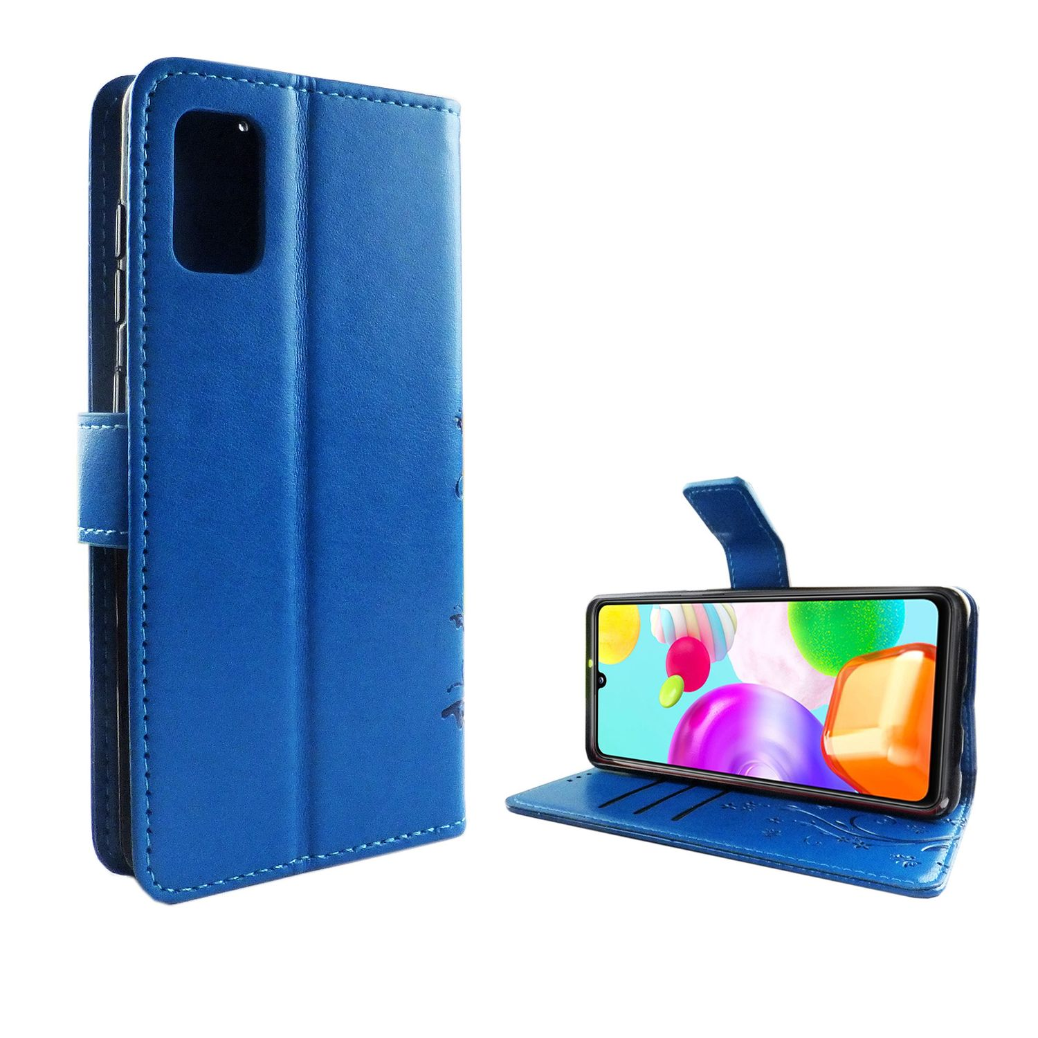 Geöffnete blaue Handyhülle mit Telefon. Hülle hat blumiges Design.