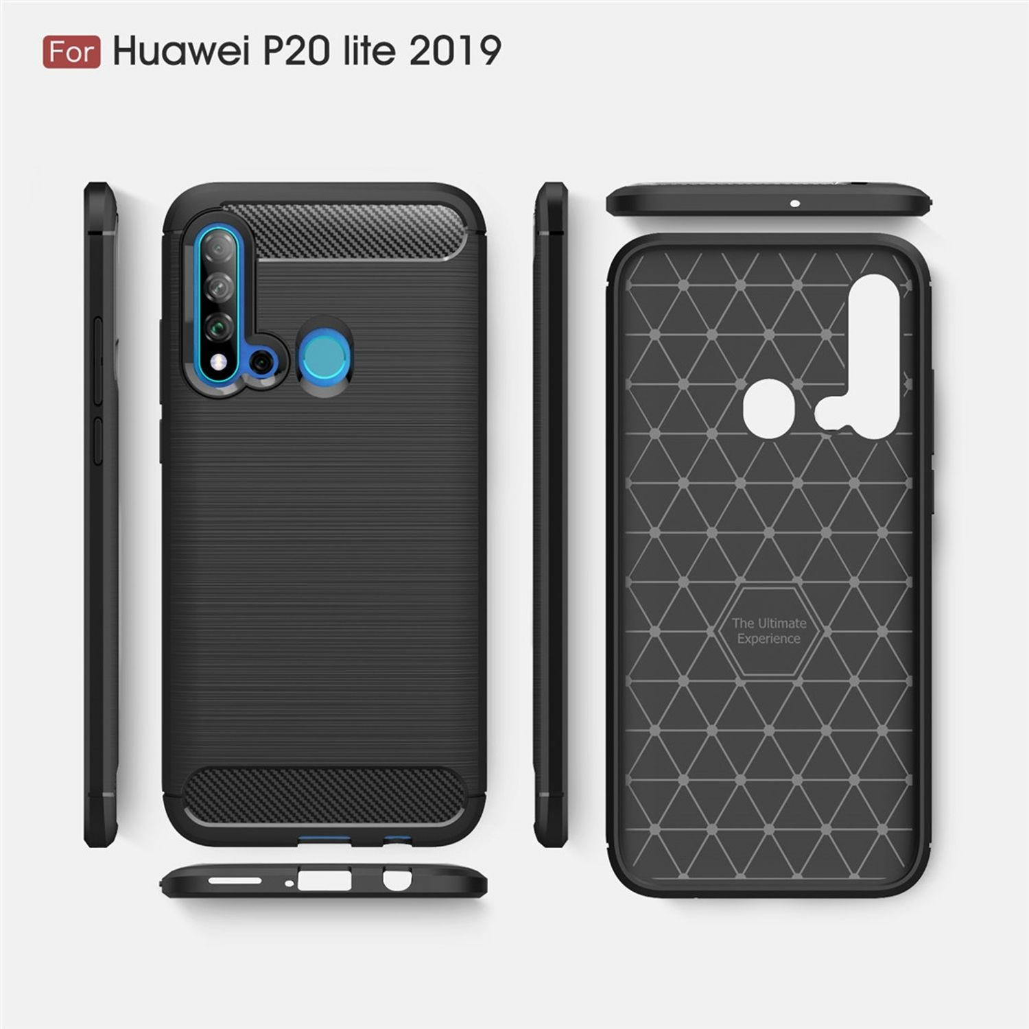 Schwarze Handyhülle mit Carbonfaserstruktur, mehrere Ansichten. Gekennzeichnet für Huawei P20 lite 2019.