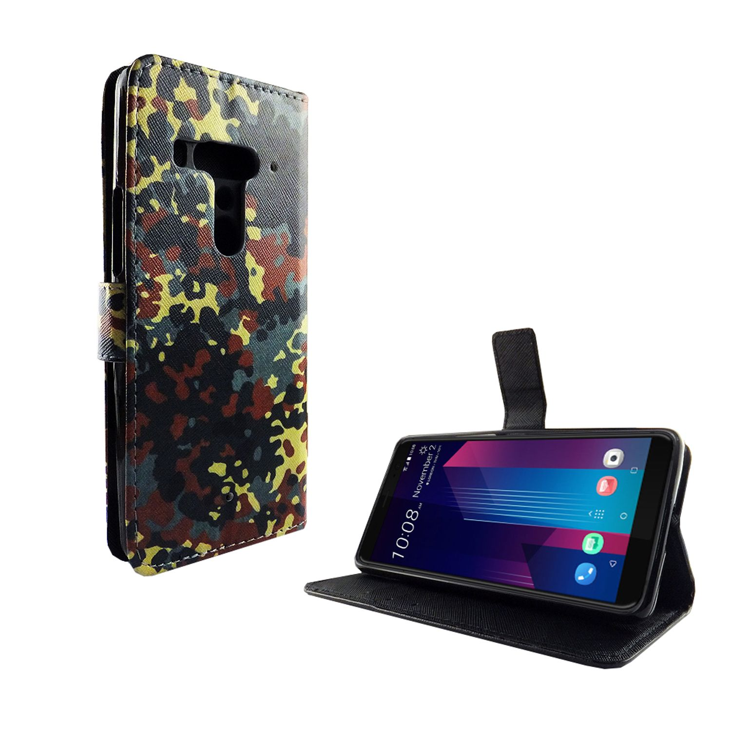 Tarnmuster-Handy-Case mit Handy. Das Handy steht in einem Ständer. Weißer Hintergrund.