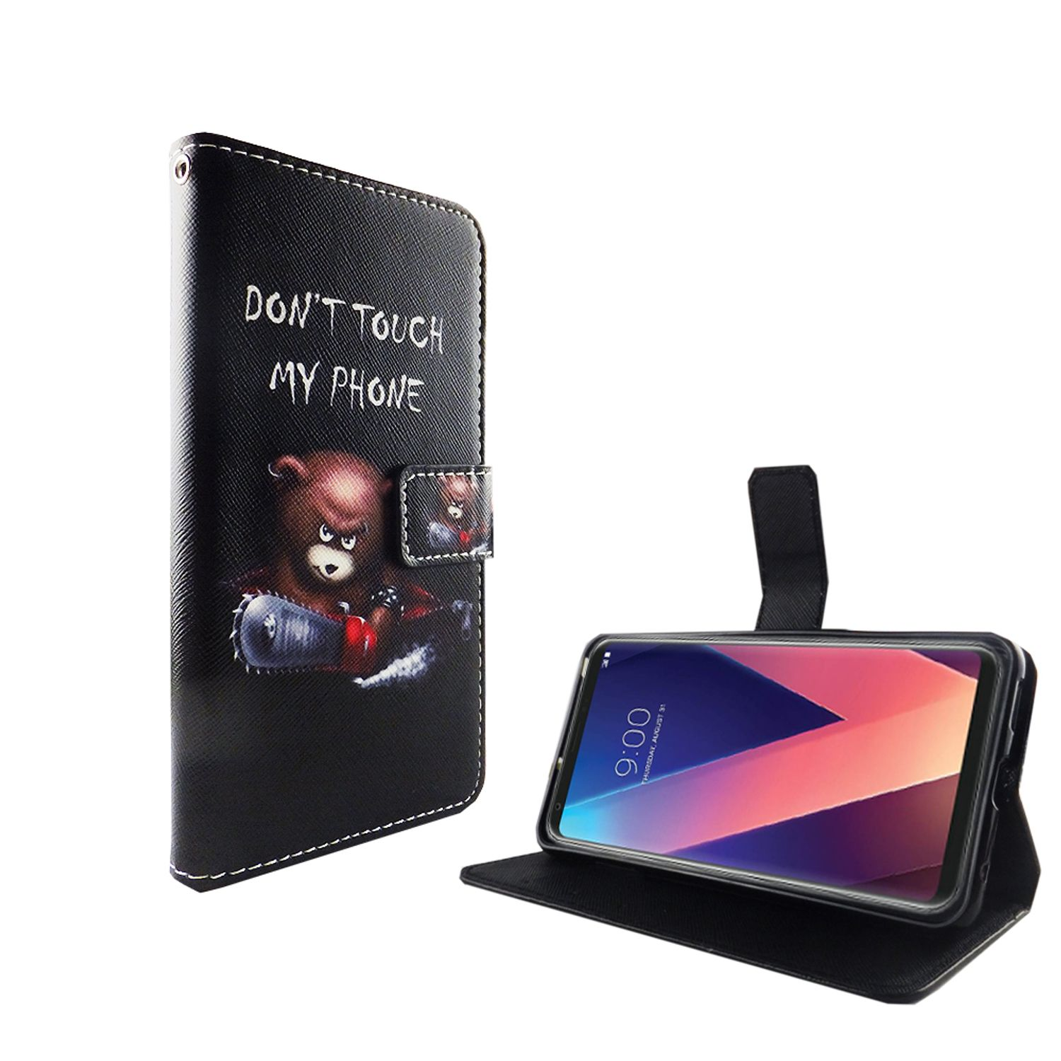Schwarze Handyhülle mit Bär und 'DON'T TOUCH MY PHONE'. Telefon wird angezeigt. Weißer Hintergrund.