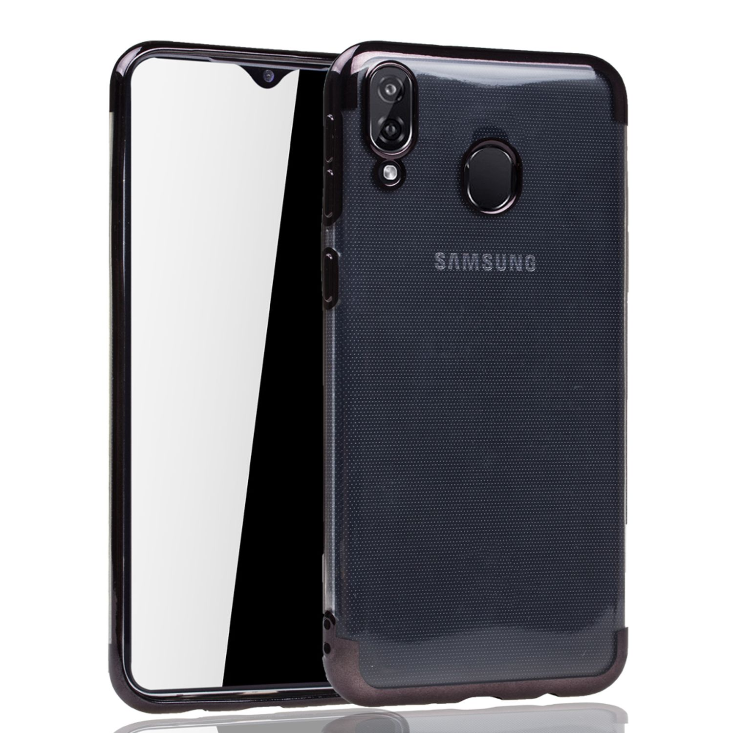 Schwarze Handyhülle mit Telefon. Vorne und hinten. Samsung steht hinten.