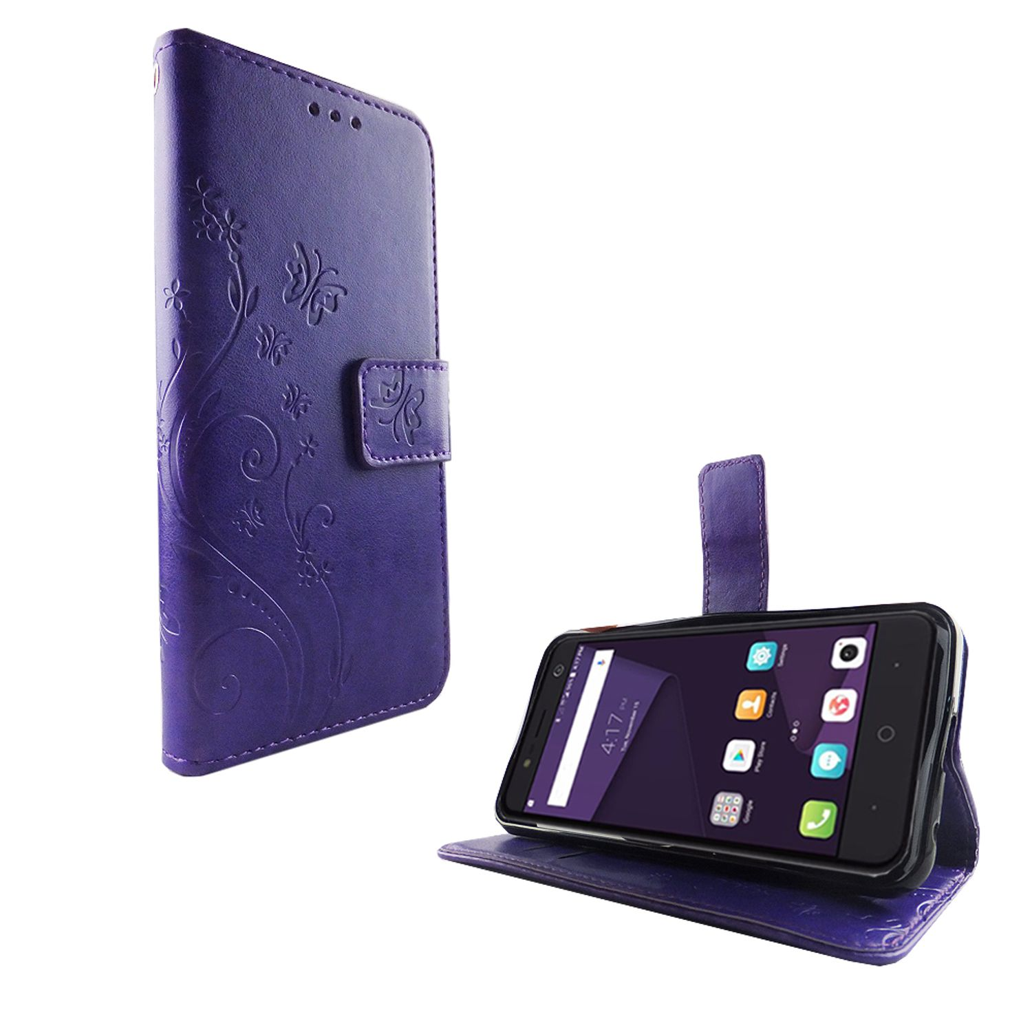 Eine lila Handyhülle mit floralem Design. Das Telefon ist geöffnet und der Bildschirm ist an.