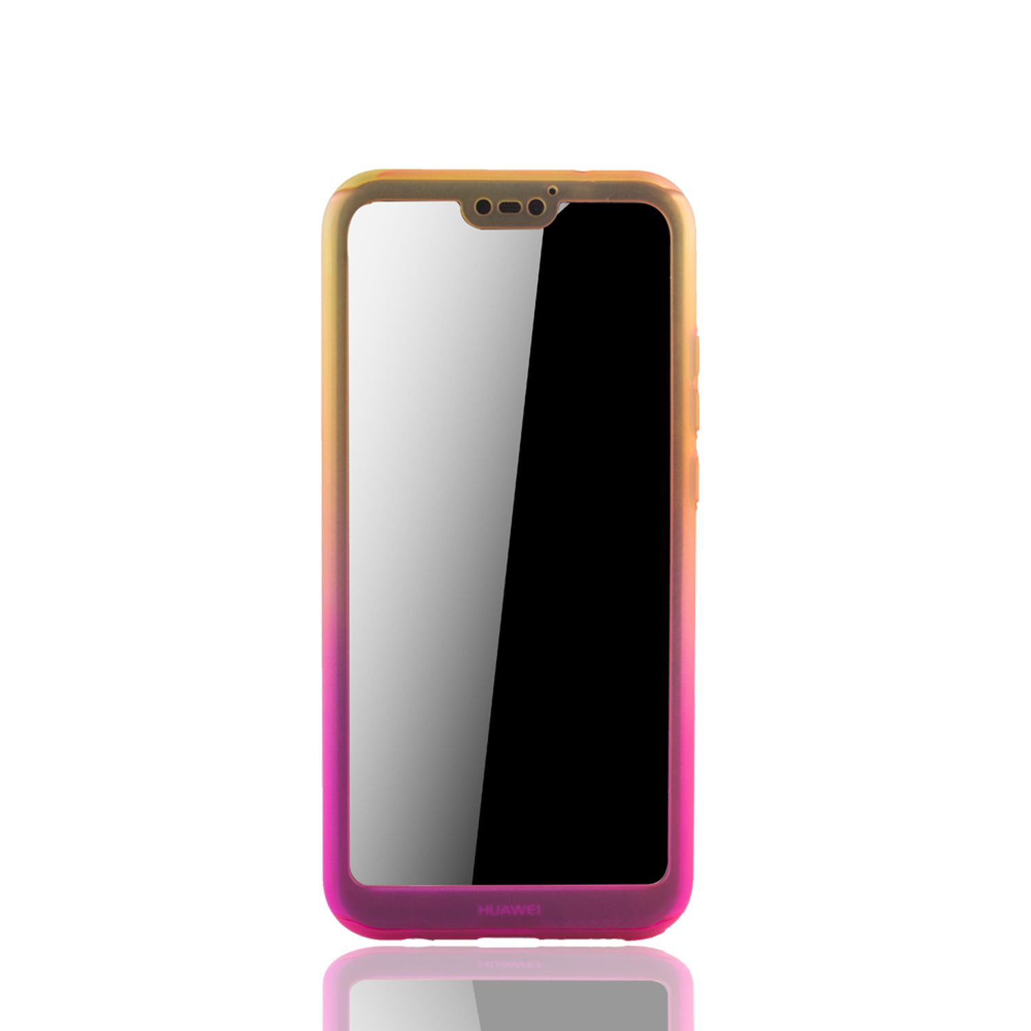 Ein Telefon in einer transparenten Hülle mit farbigem Rahmen auf weißem Untergrund.