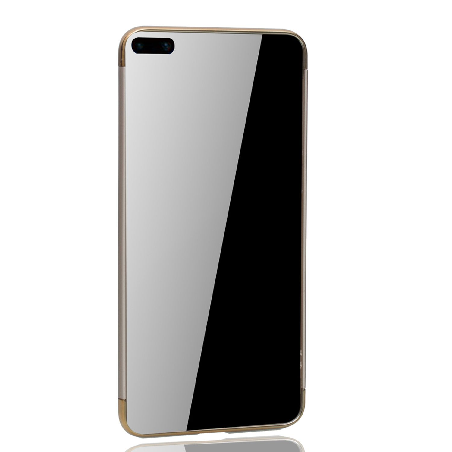 Spiegelähnliche Handyhülle mit goldenen Kanten. Das Telefon befindet sich in vertikaler Position mit schwarzem Bildschirm.