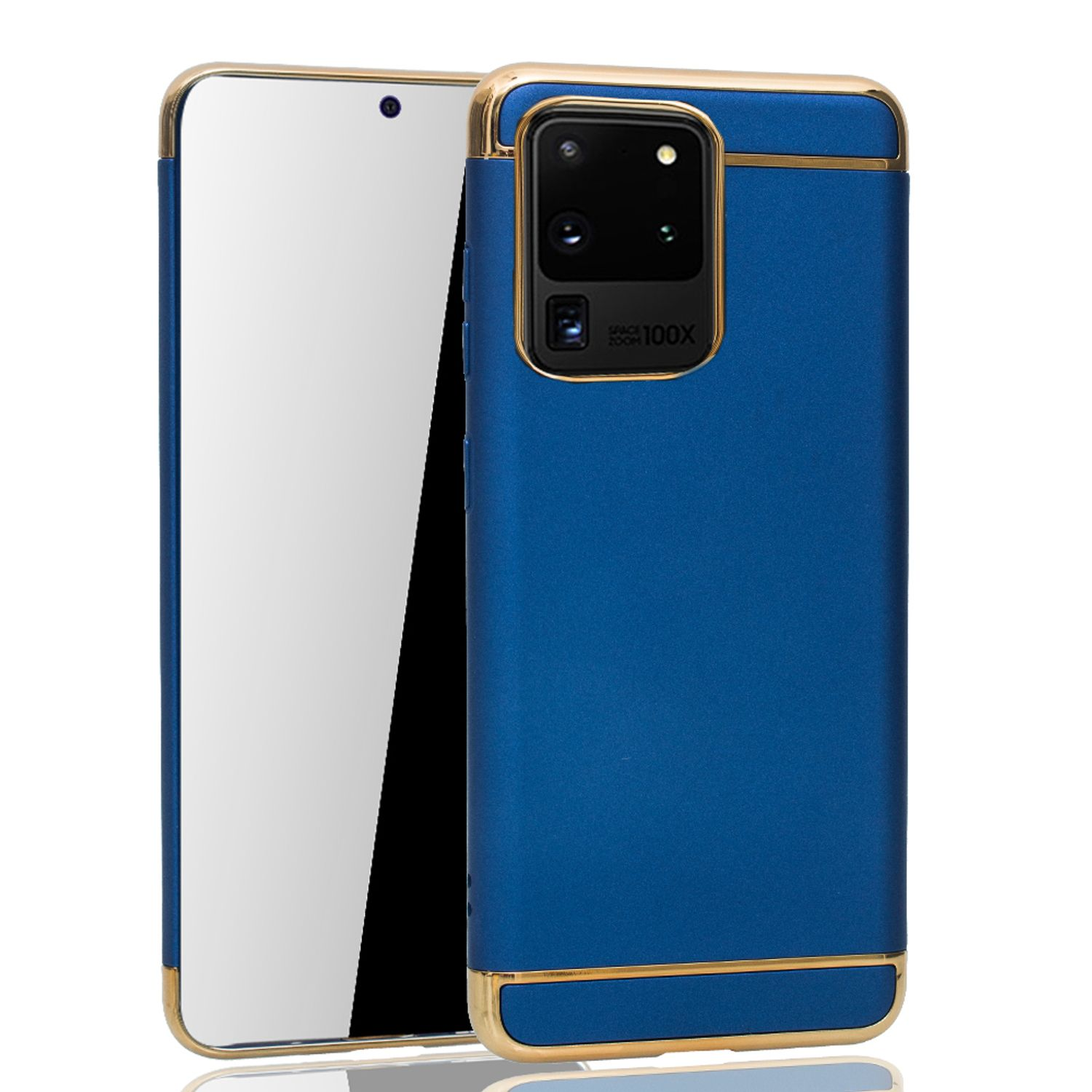 Eine blaue Handyhülle mit goldenem Besatz. Daneben ein Telefon mit weißem Bildschirm.