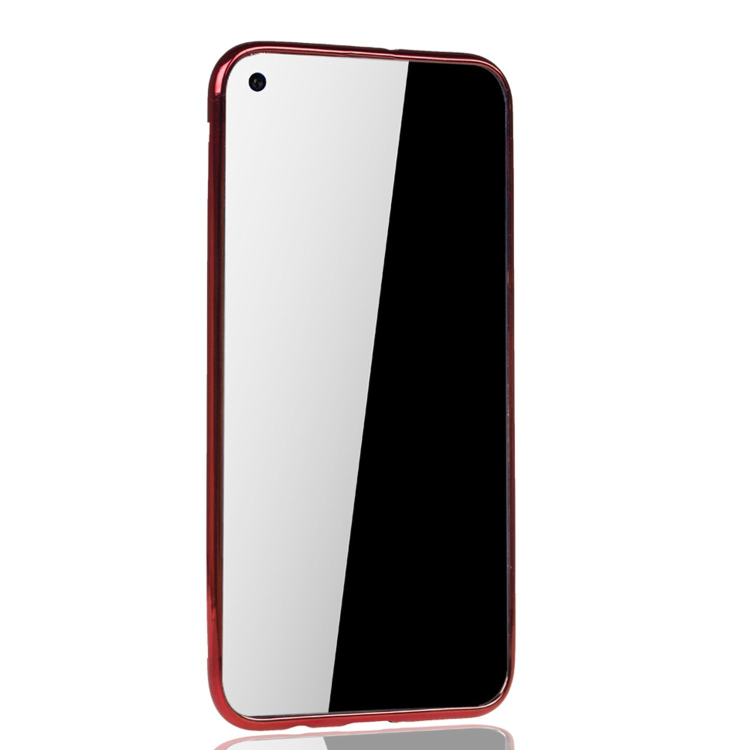 Rot umrandetes Telefon mit schwarzem Bildschirm, der den Hintergrund reflektiert.