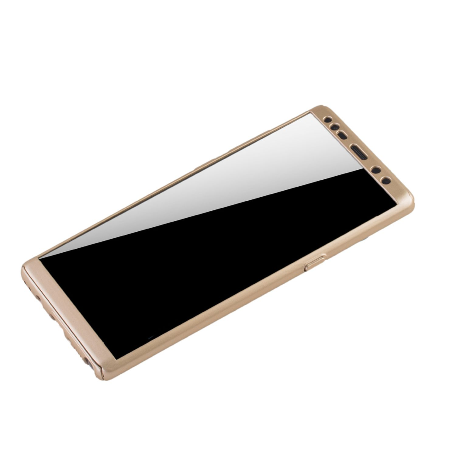 Goldene Handyhülle auf weißem Hintergrund. Schwarzer Telefonbildschirm abgewinkelt.